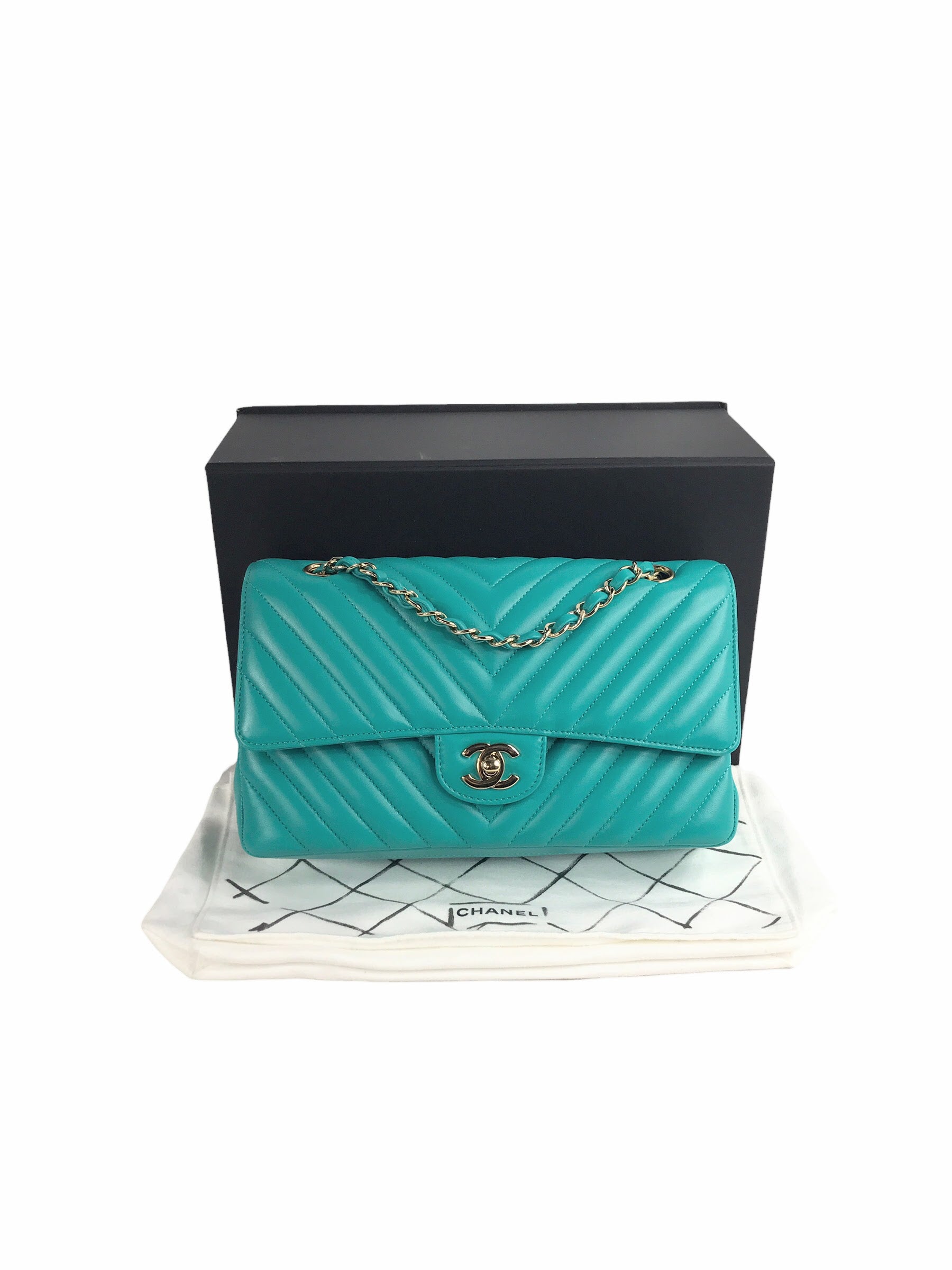 Turquoise Cheveron Lambskin Medium Double Flap W/GHW