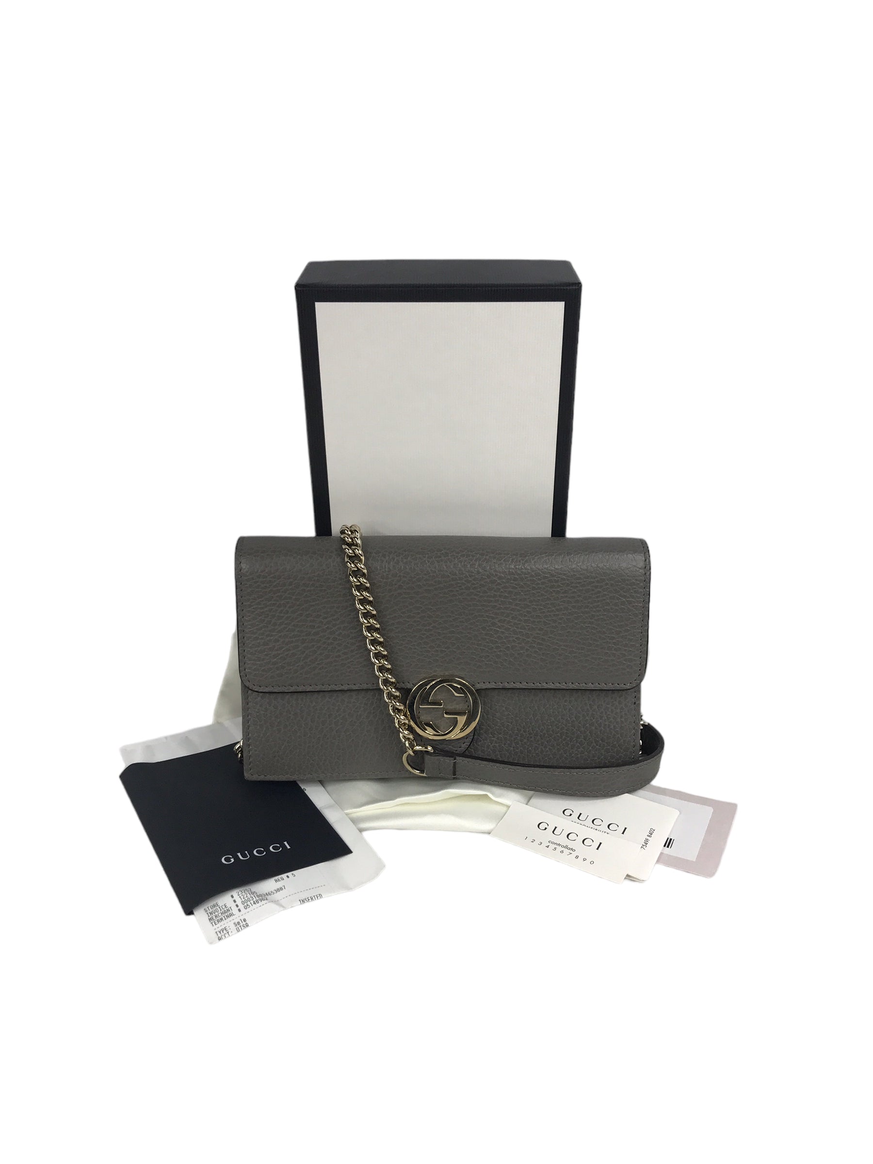 Dove Grey Grained Calfskin Leather Dollar Interlocking GG Wallet On Chain w/GHW