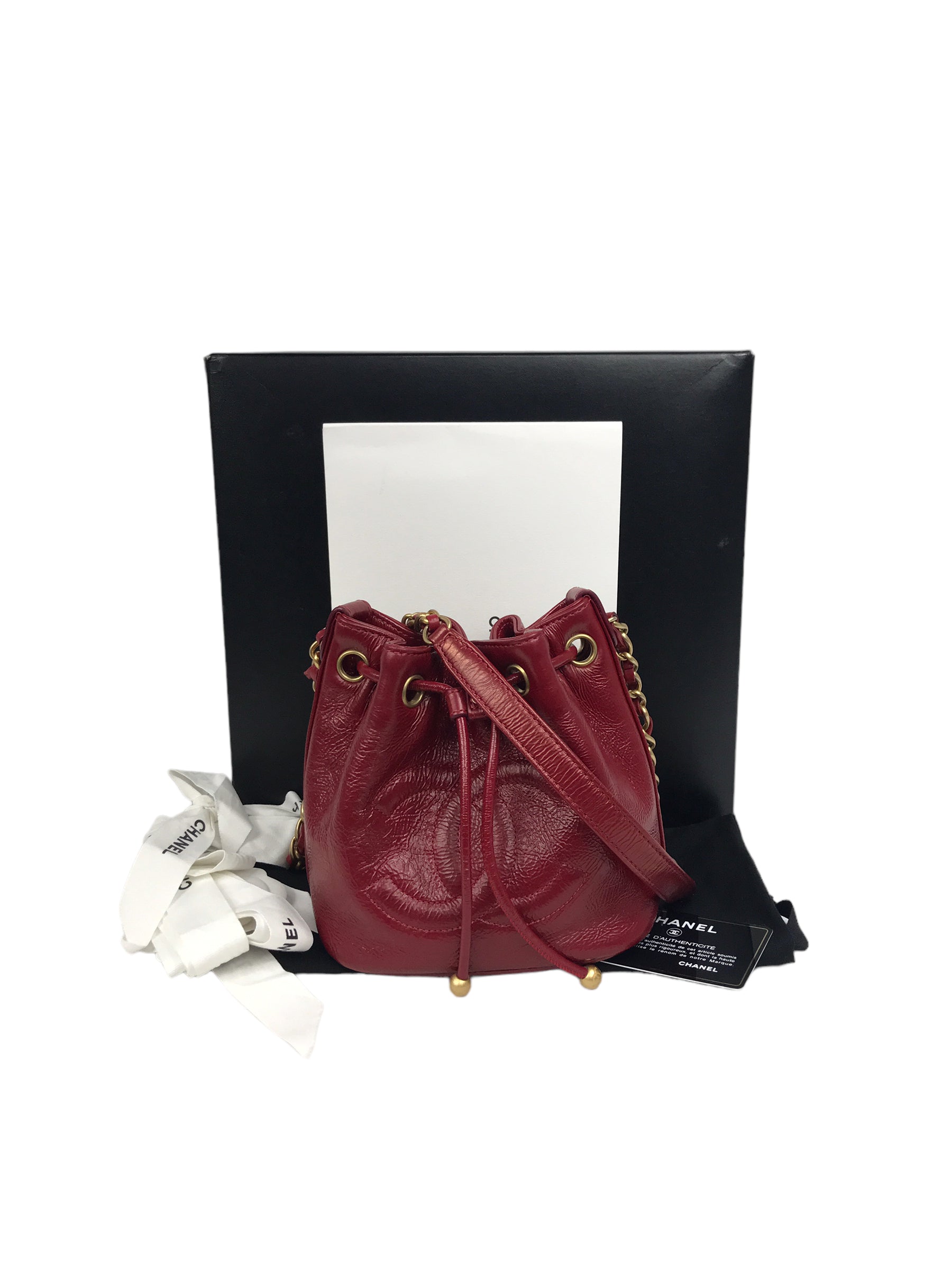Red Shiny Aged Calfskin Leather Mini Bucket Bag w/AGHW Chain