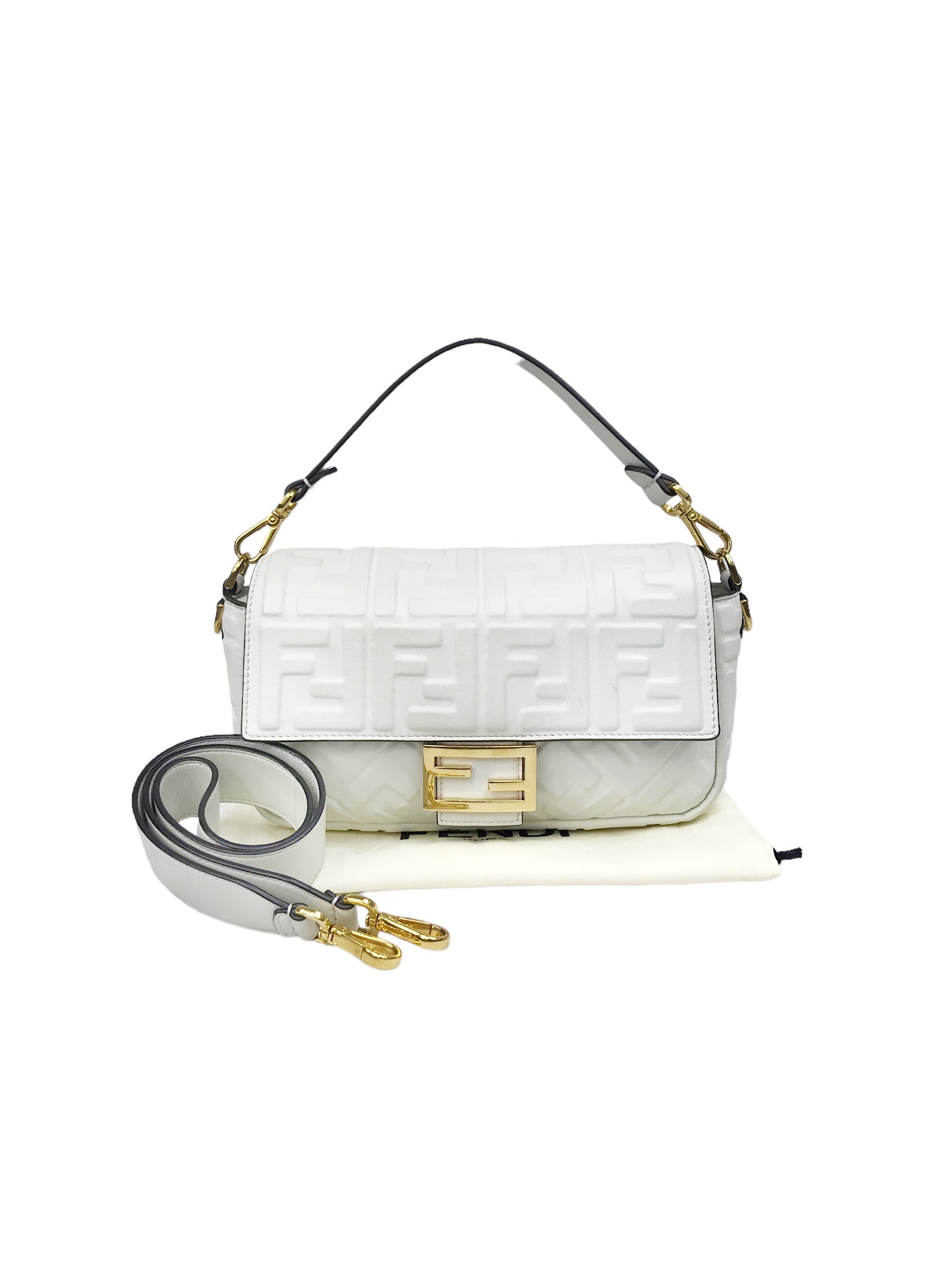 White Leather Medium Baguette Flap Bag W/GHW
