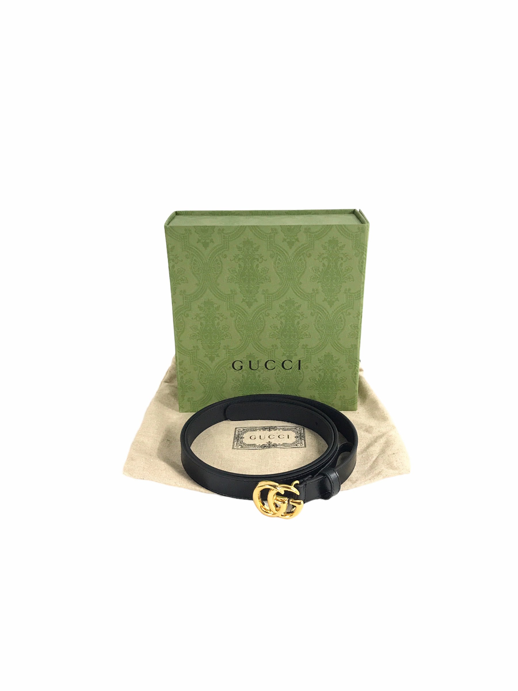 Logo Black Grained Leather Thin Belt W/GHW