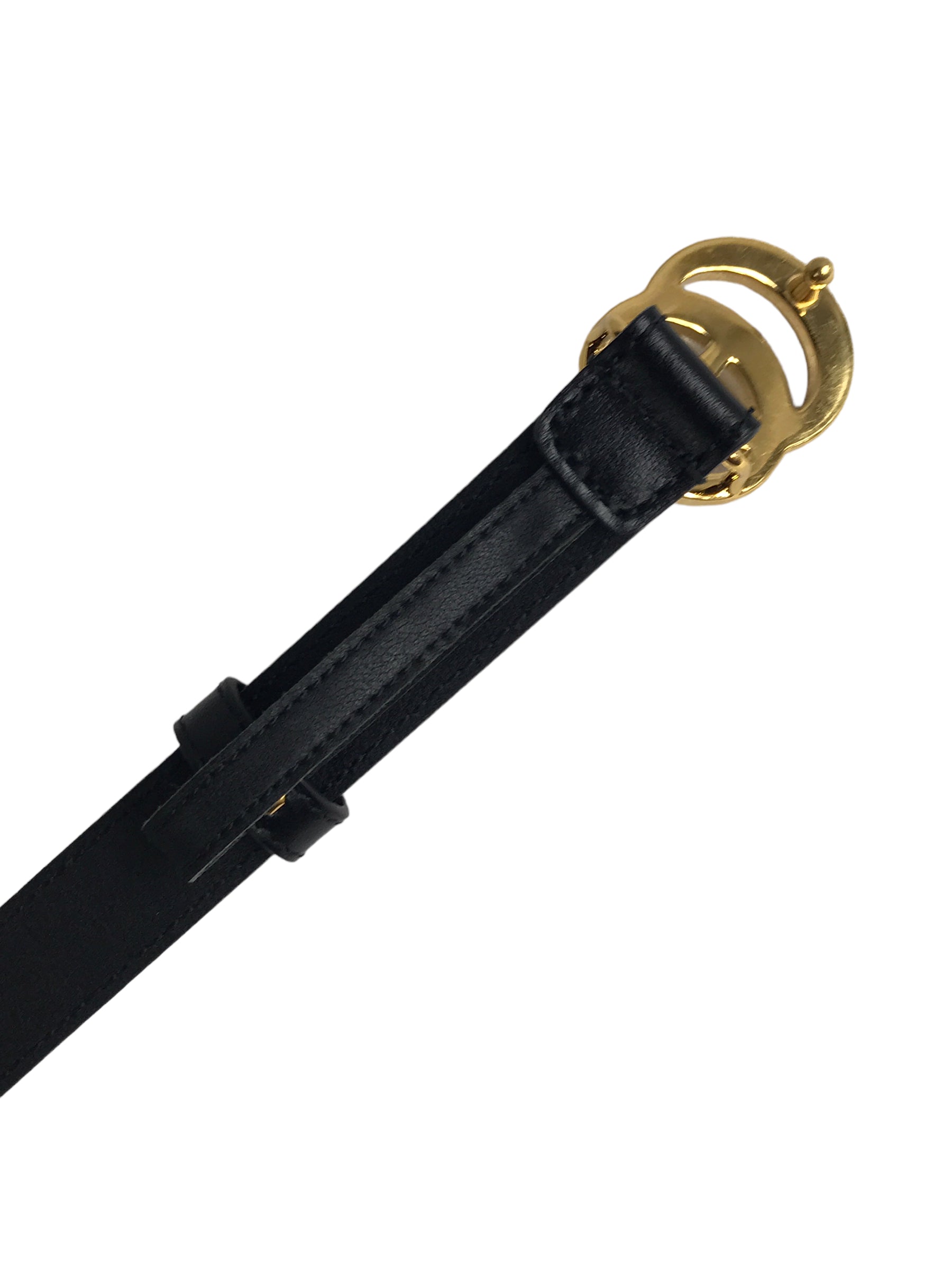 Logo Black Grained Leather Thin Belt W/GHW