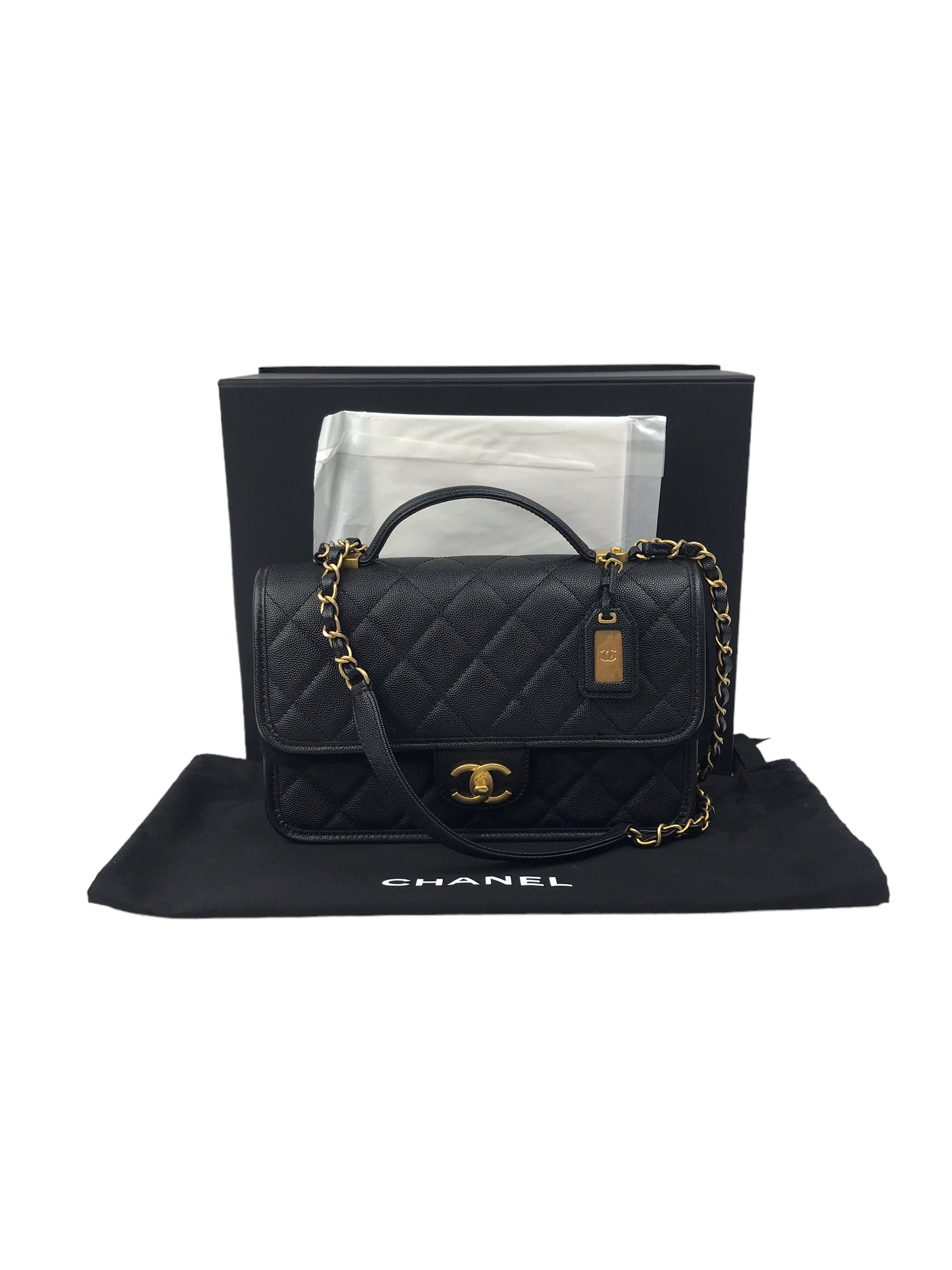 Black Quilted Caviar Top Handle Flap Bag w/AGHW