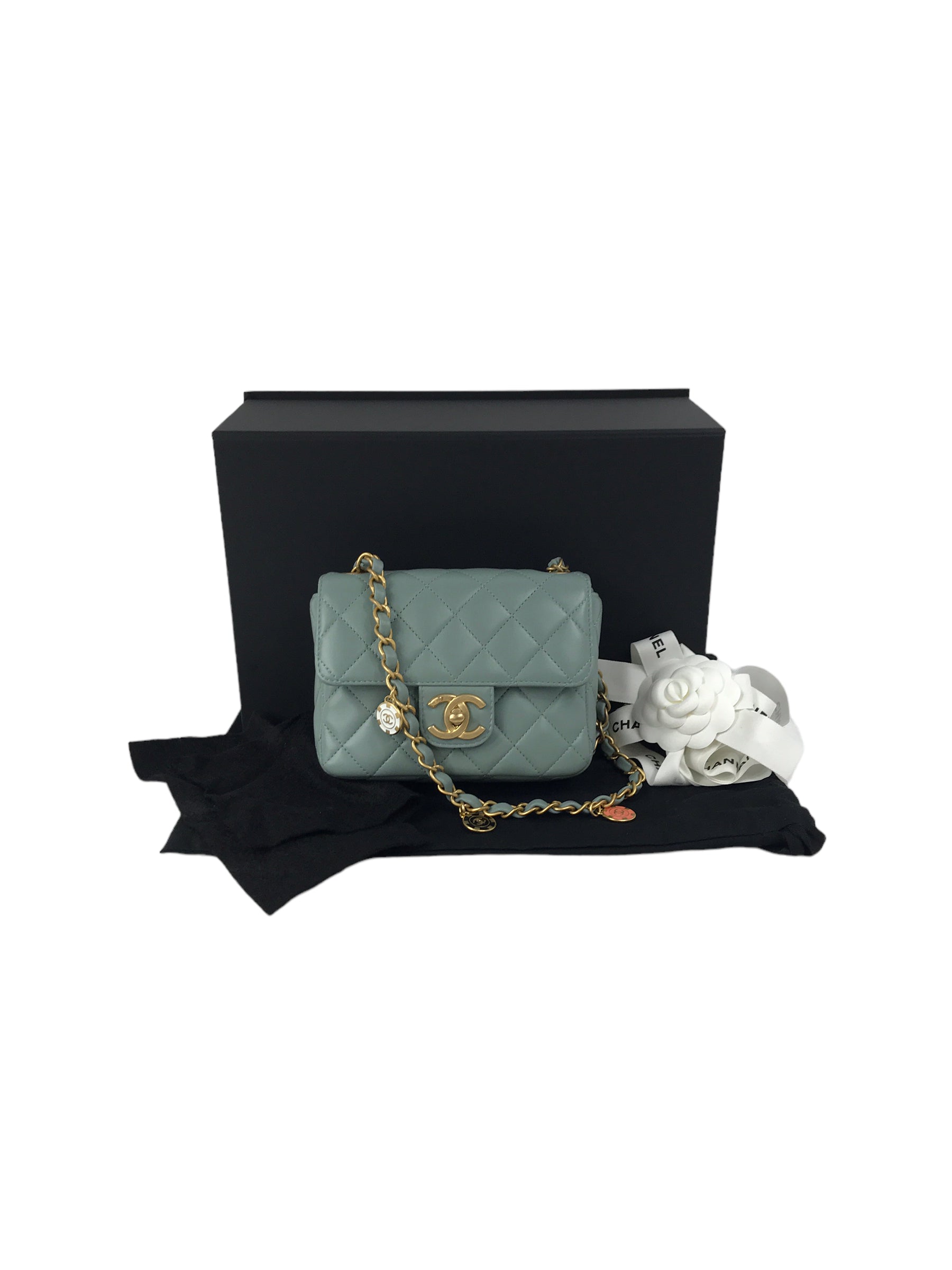 Chanel Light Grey/Blue Quilted Lambskin Mini Cruise Square Flap Bag w/ Enamel & GHW