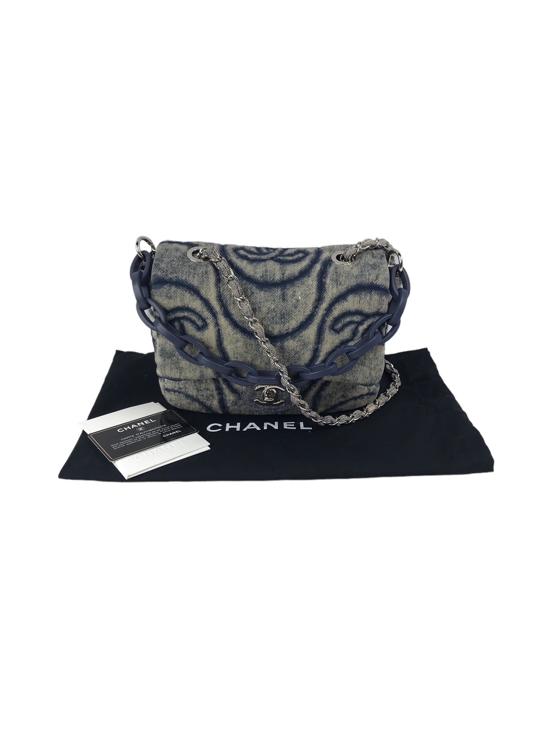 CC Blue Denim Wave Flap Bag w/SHW/ Blue enamel short strap
