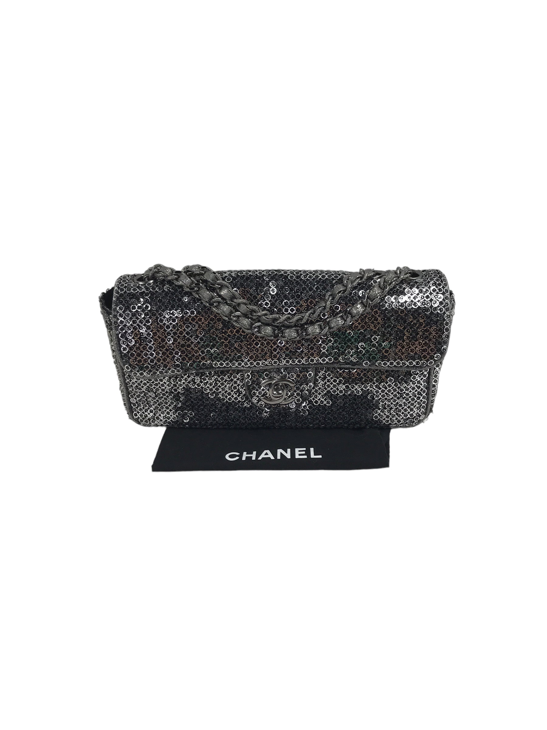 Chanel Vintage Silver/Grey Medium Sequins Flap Bag w/SHW
