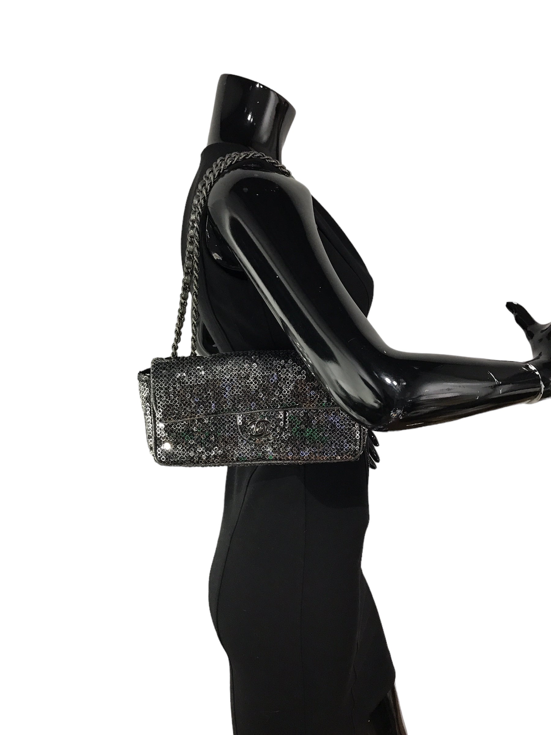 Chanel Vintage Silver/Grey Medium Sequins Flap Bag w/SHW