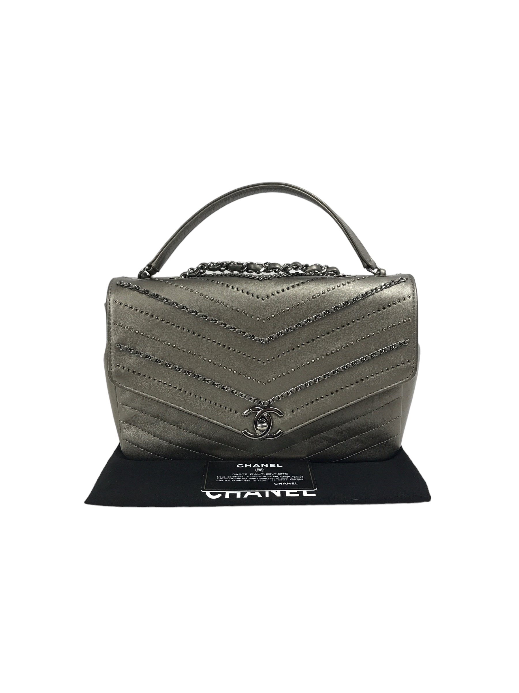 Metallic Grey Calfskin Leather Embellished Chain/Studded Chevron Flap Bag w/SHW