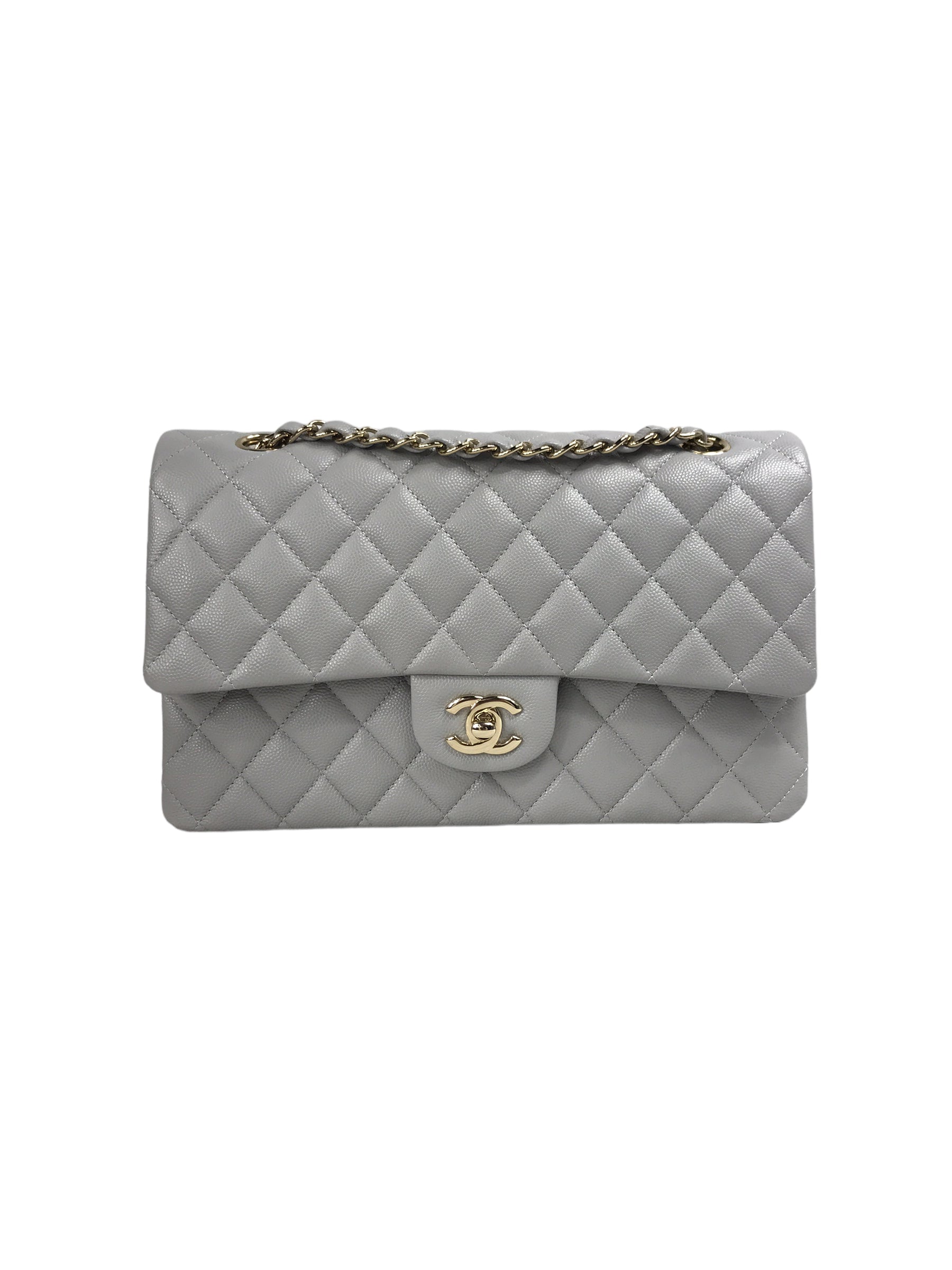 Dove Grey Quilted Caviar Leather Double Flap Medium w/GHW