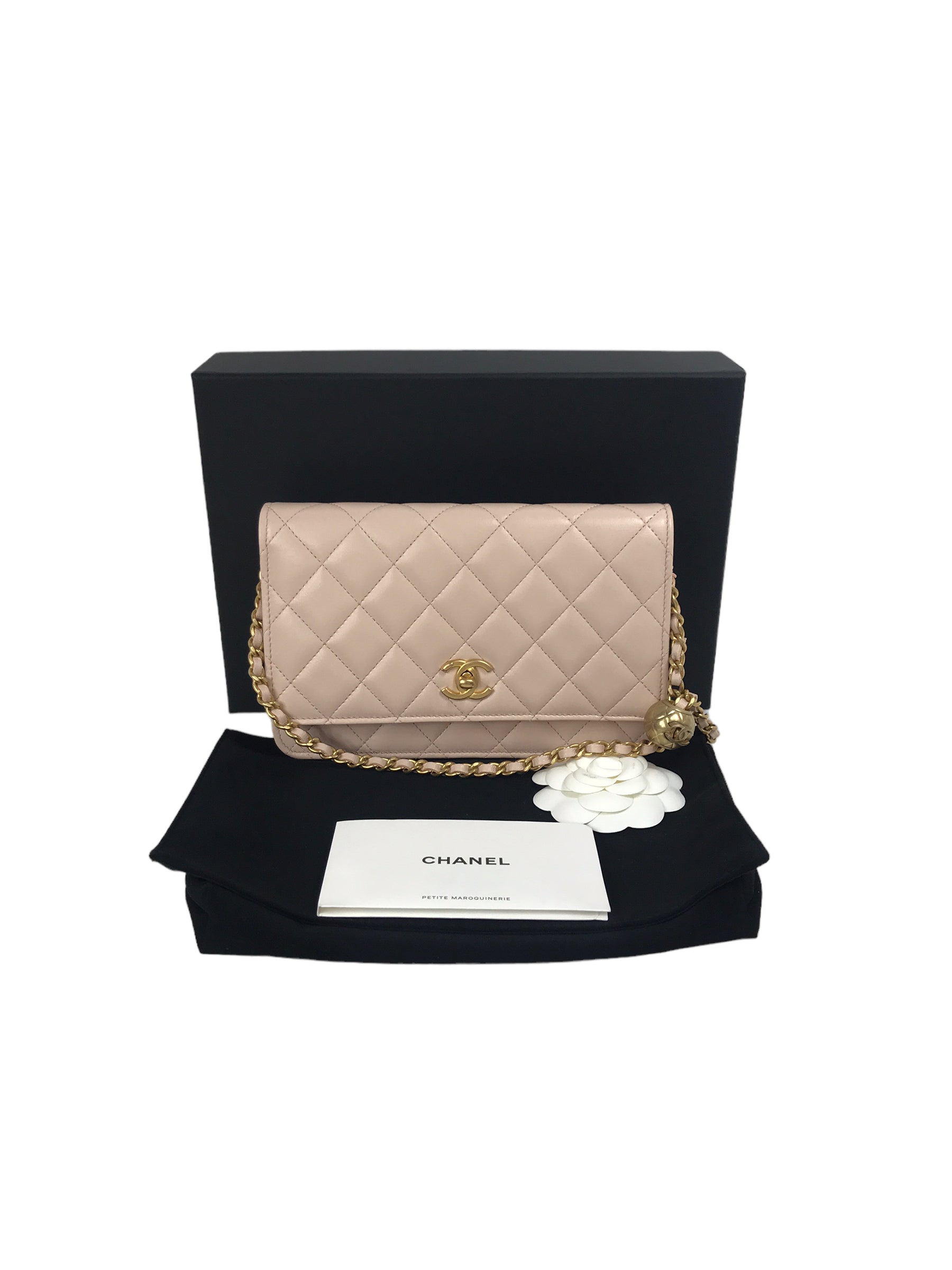 Plush Pink Quilted Lambskin Leather Pearl Crush Wallet on Chain w/AGHW