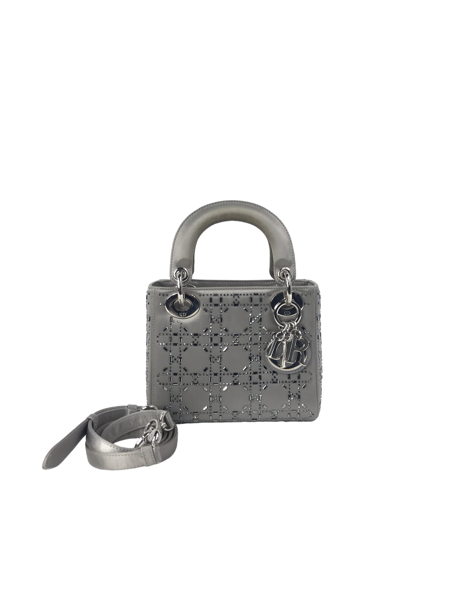 Grey Satin Crystal Cannage Mini Lady Dior w/SHW