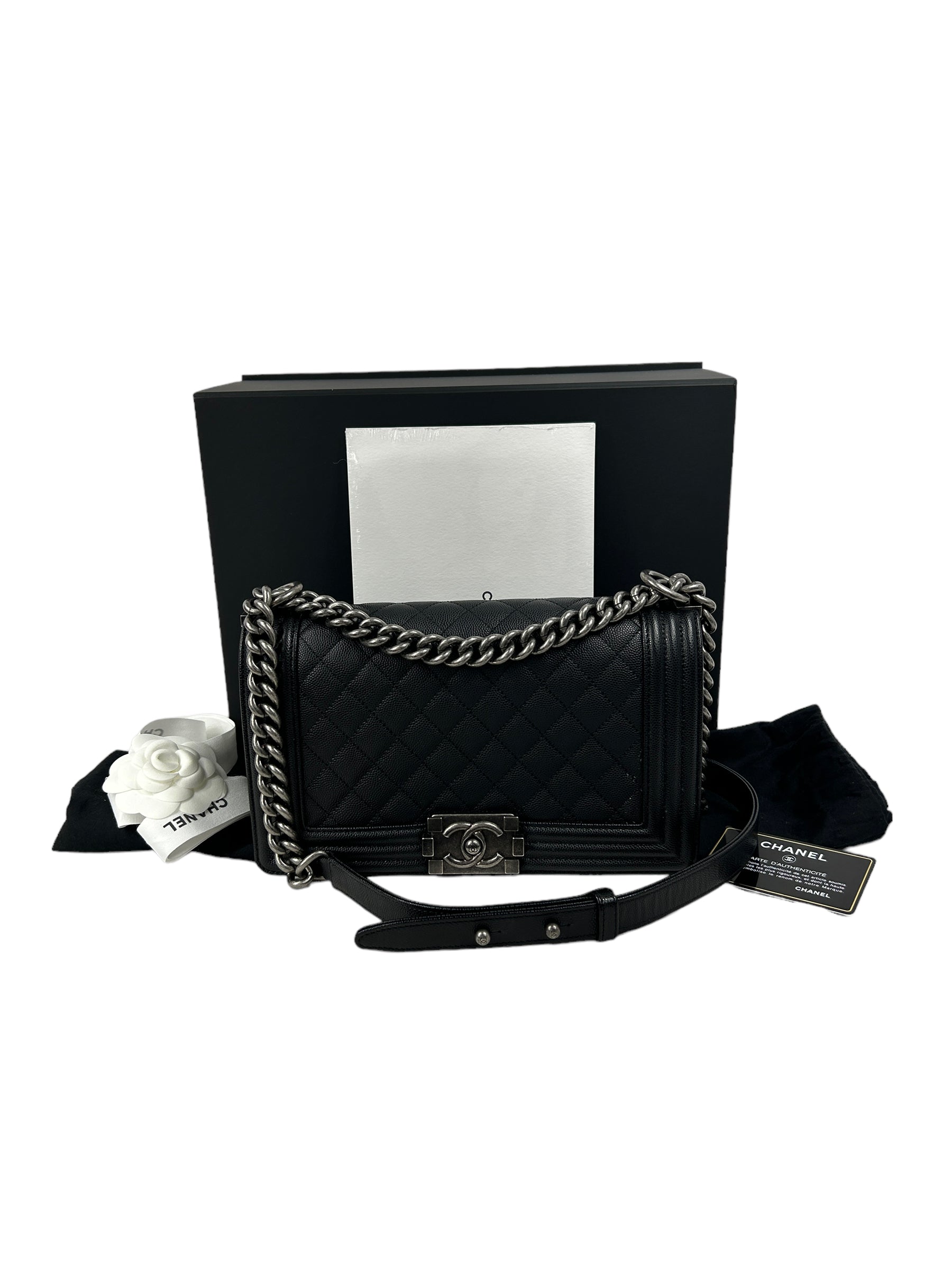 Black Caviar Quilted Old Medium Boy Bag w/ RHW