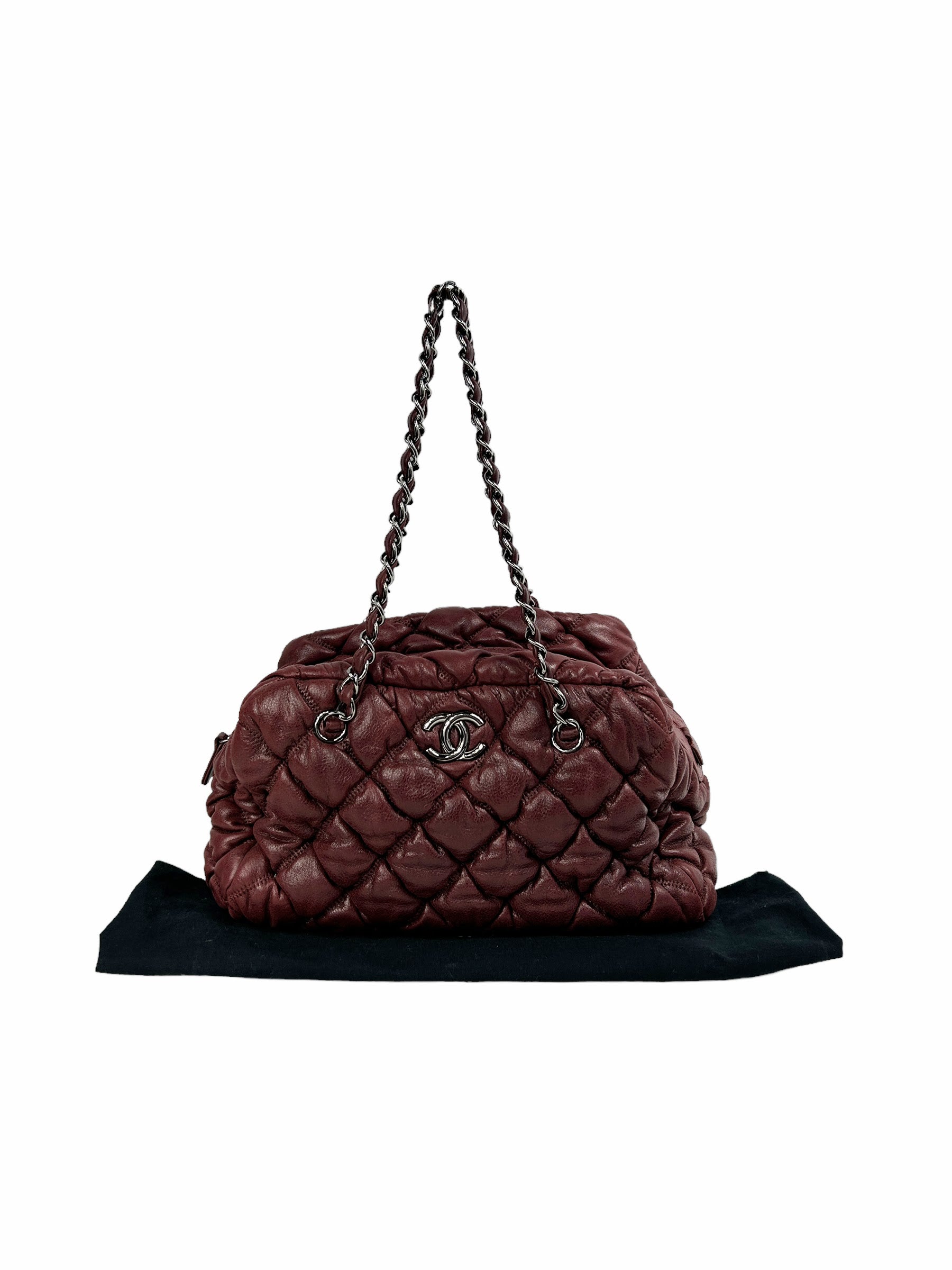 Burgundy Lambskin Leather Bubble Quilted Bowler Bag w/RHW