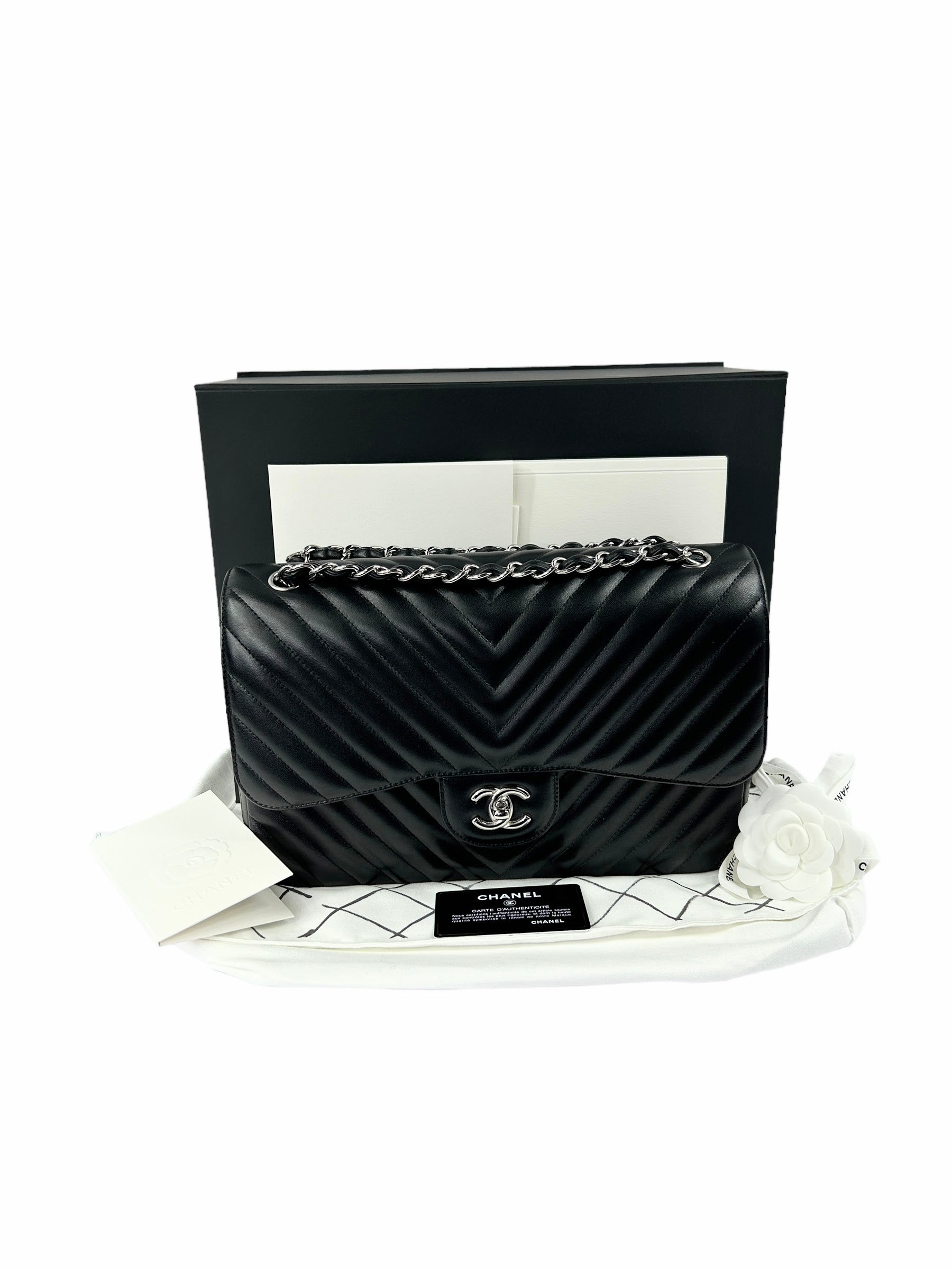 Black Chevron Lambskin Double Flap Jumbo w/SHW