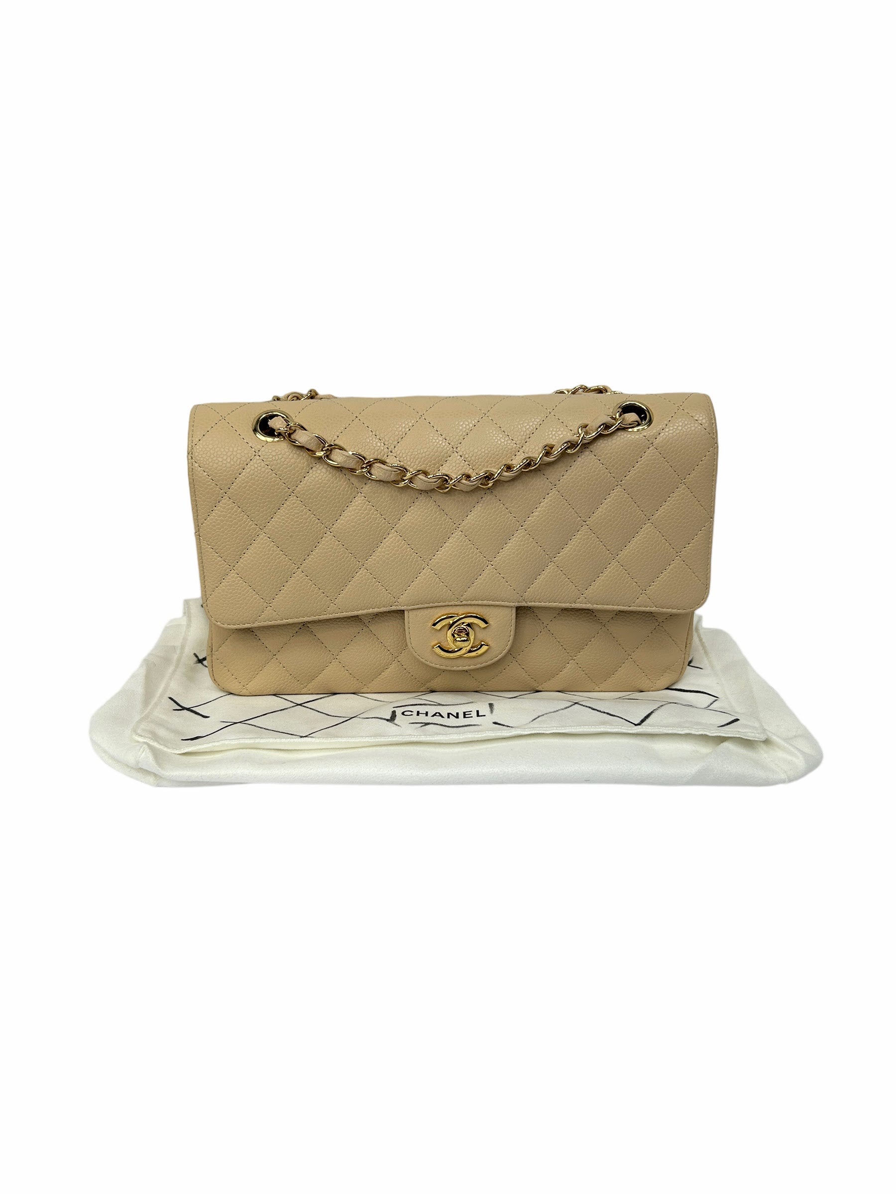 Nude Caviar Quilted Medium Classic Double Flap w/GHW