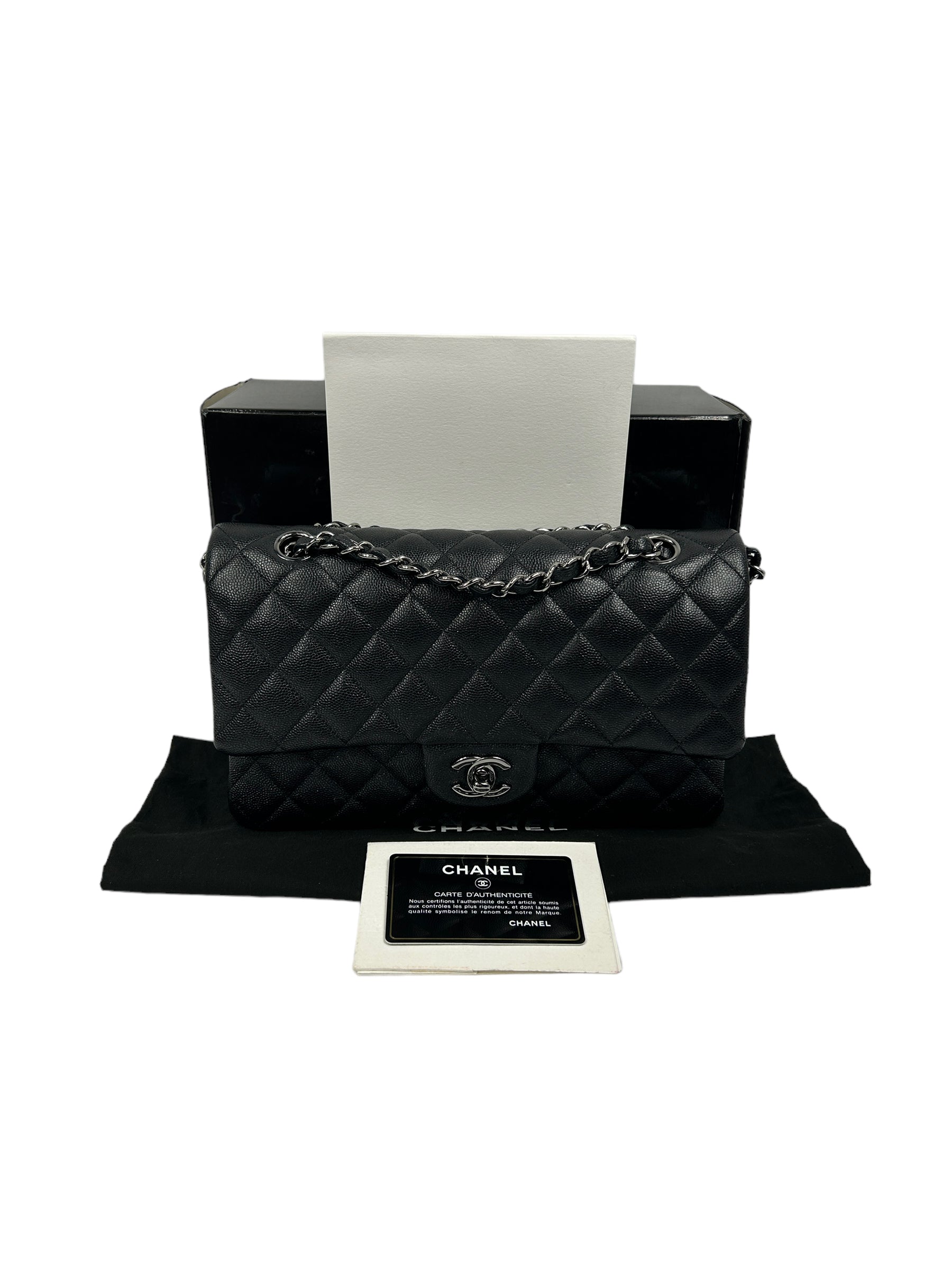 Black Caviar Glitter Quilted Leather Double Classic Flap w/RHW
