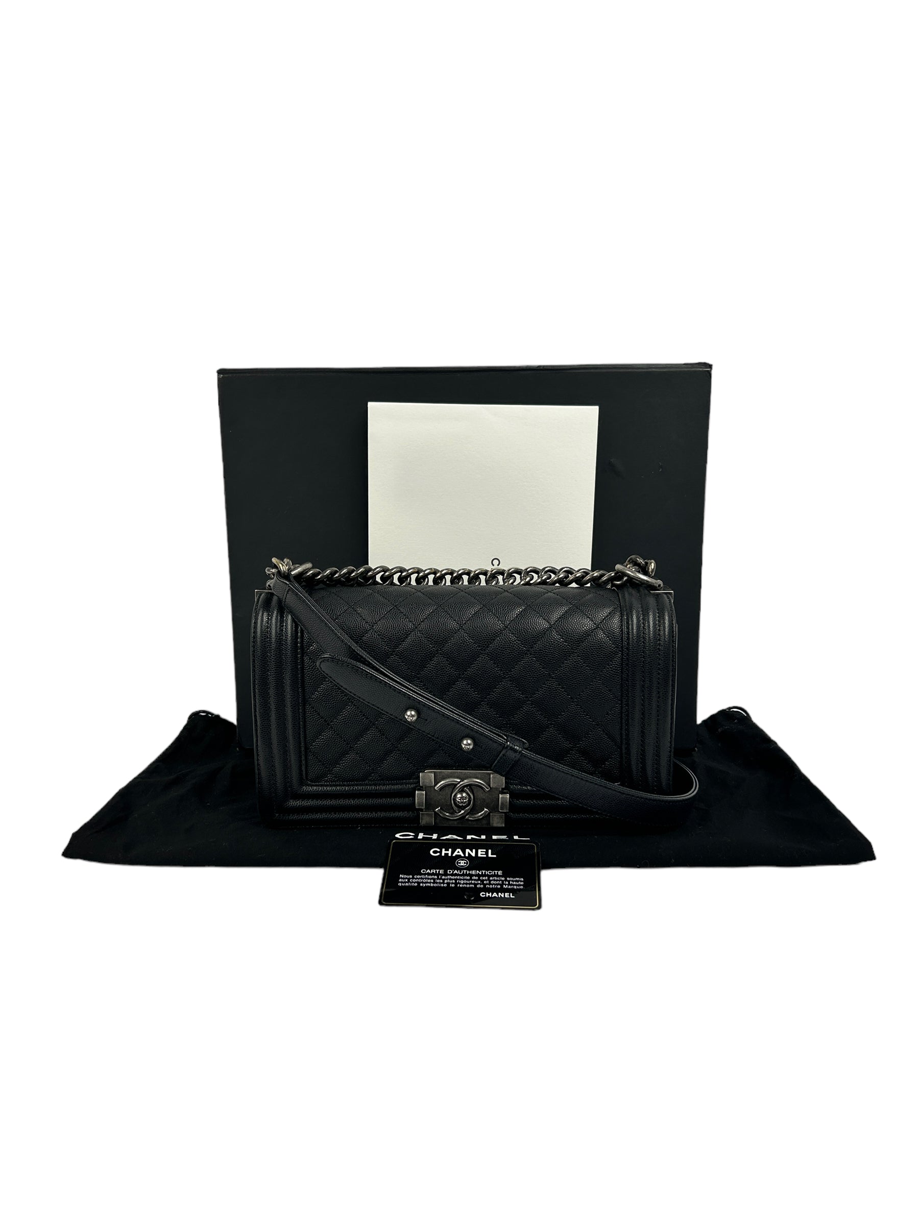 Black Caviar Leather Quilted Old Medium Boy Bag w/RHW