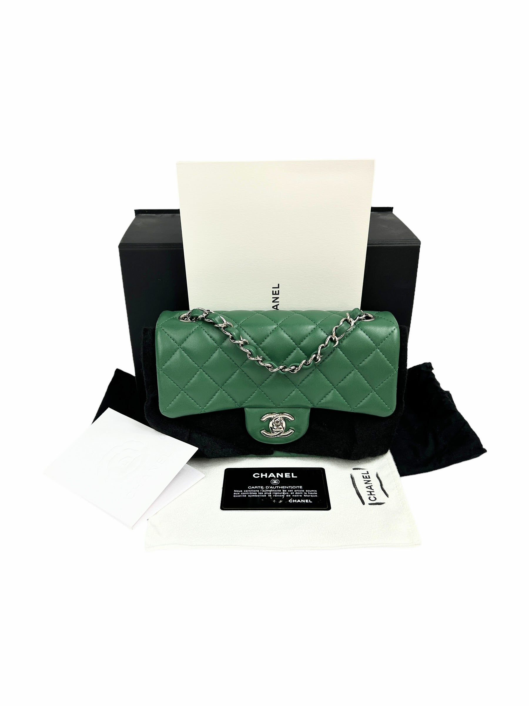Green Quilted Lambskin Mini Rectangle Classic Flap w/SHW
