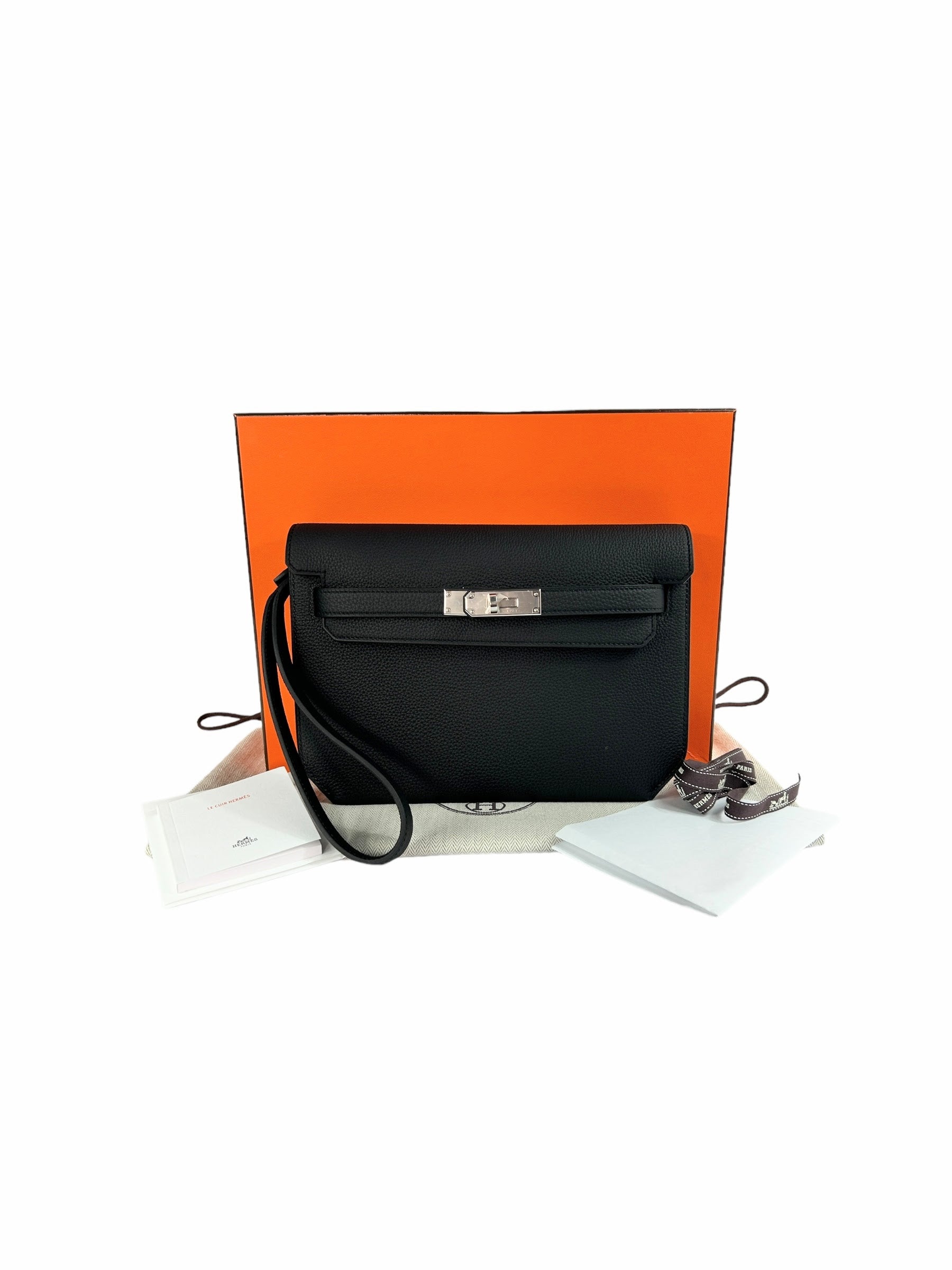 Black Togo Calfskin Leather Kelly Depeches 25 Clutch Bag w/PHW