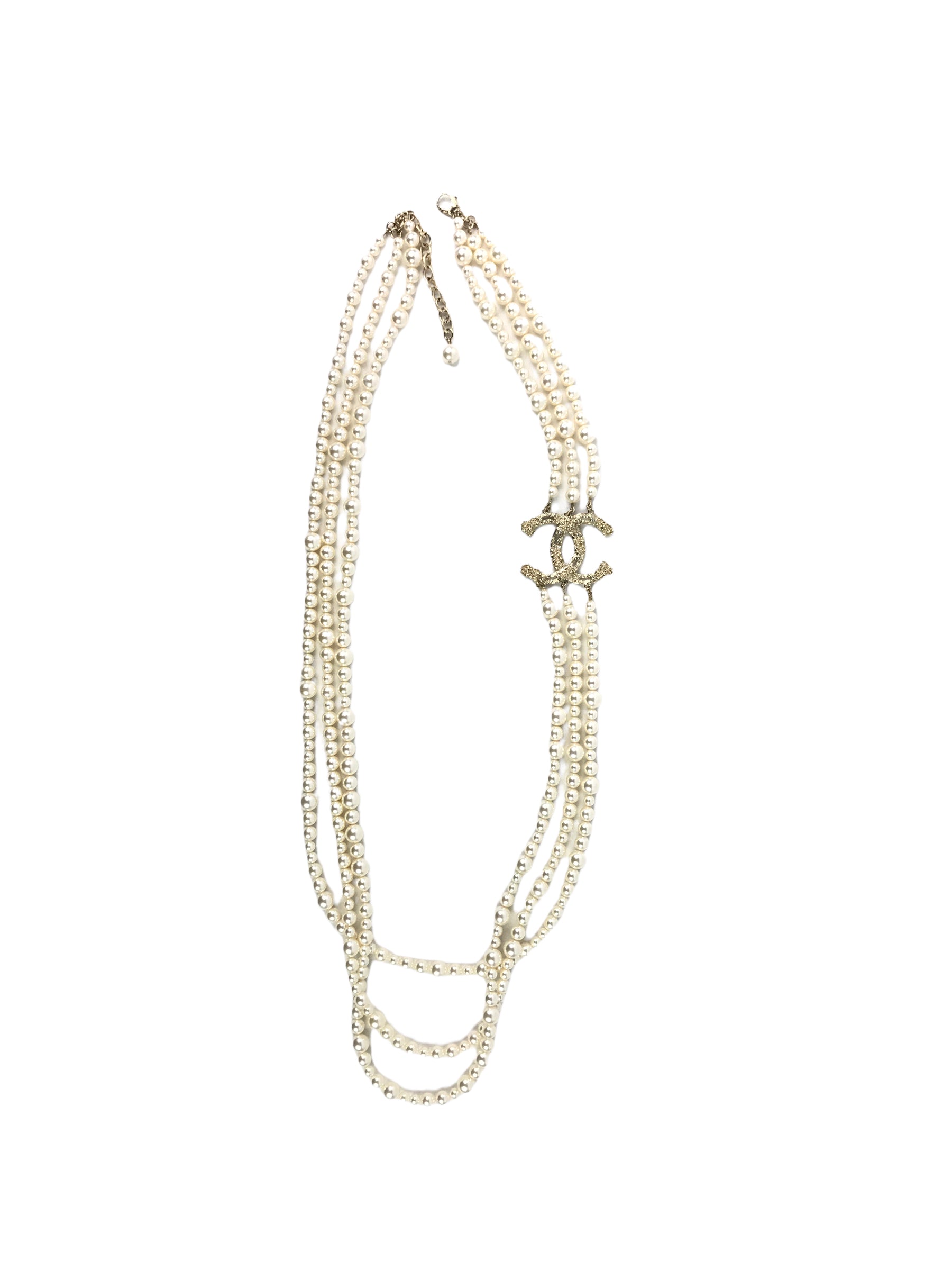 22C Gold CC 3-Strand Long Pearl Necklace