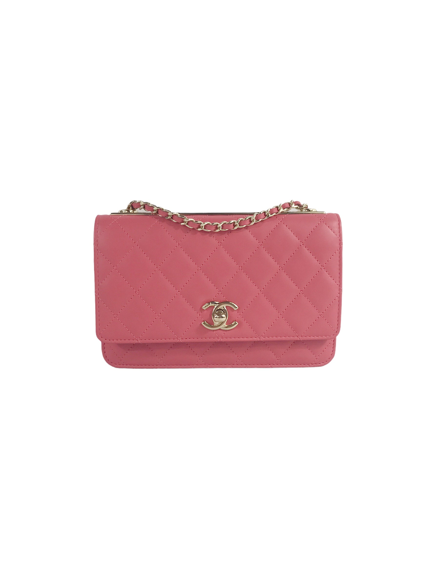 Bubblegum Pink Quilted Lambskin Leather Trendy Wallet On Chain W/GHW