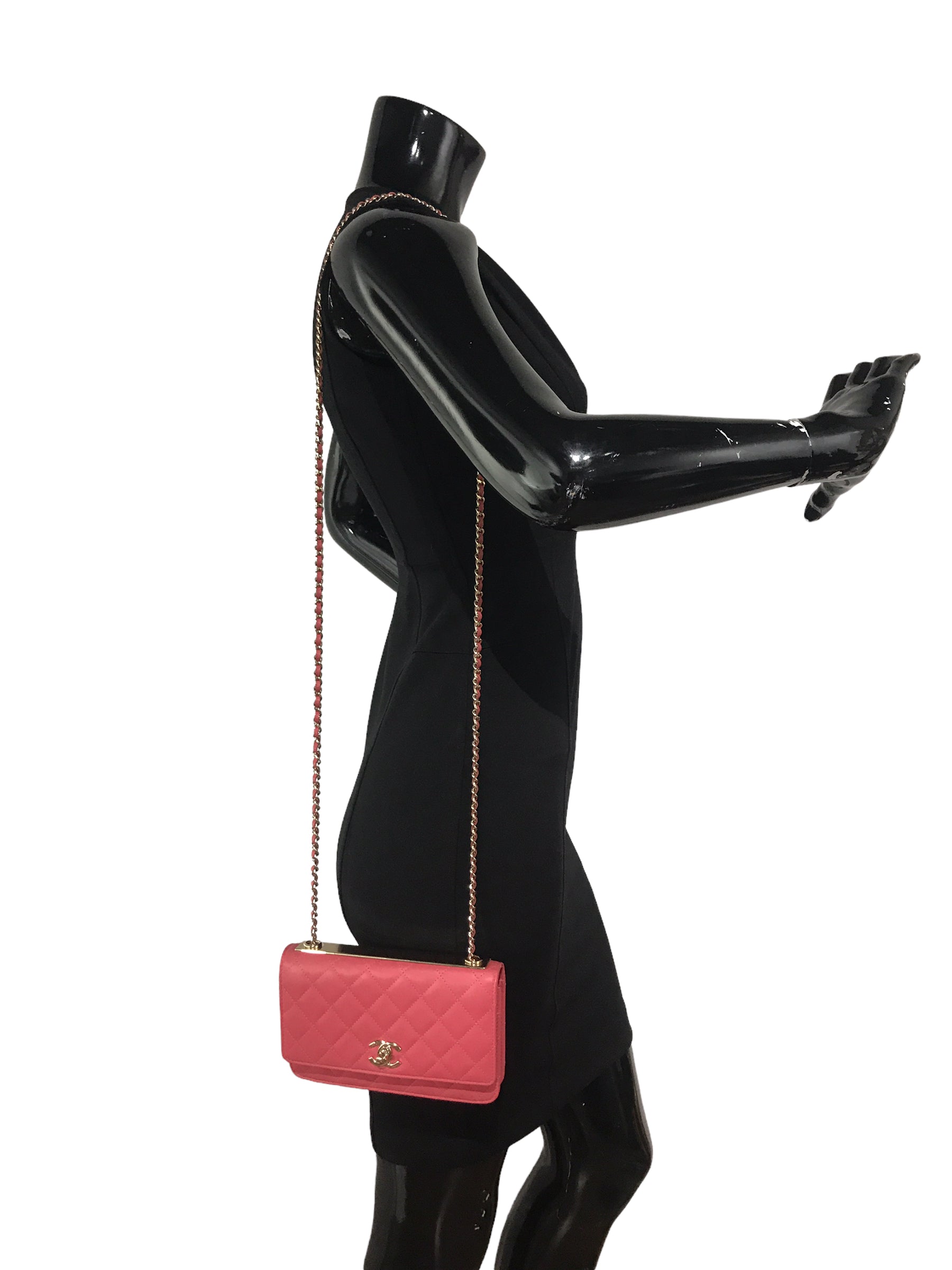 Bubblegum Pink Quilted Lambskin Leather Trendy Wallet On Chain W/GHW