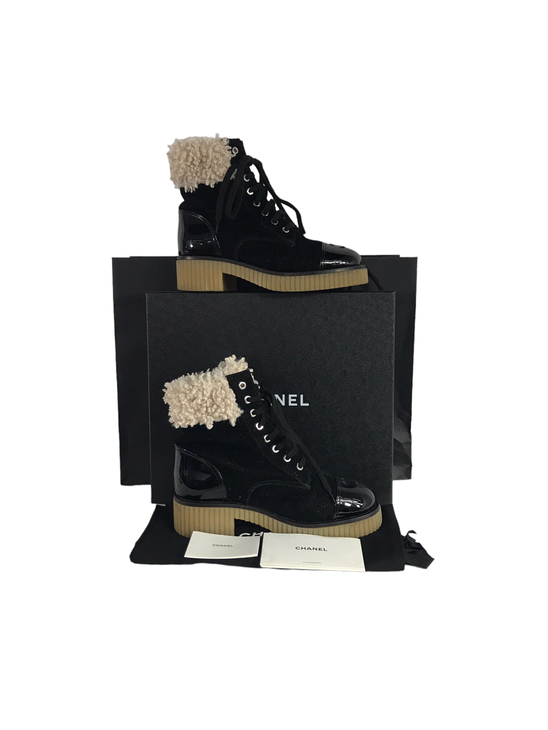 Black Glitter Tweed/Patent leather Cap Toe Shearling CC Combat