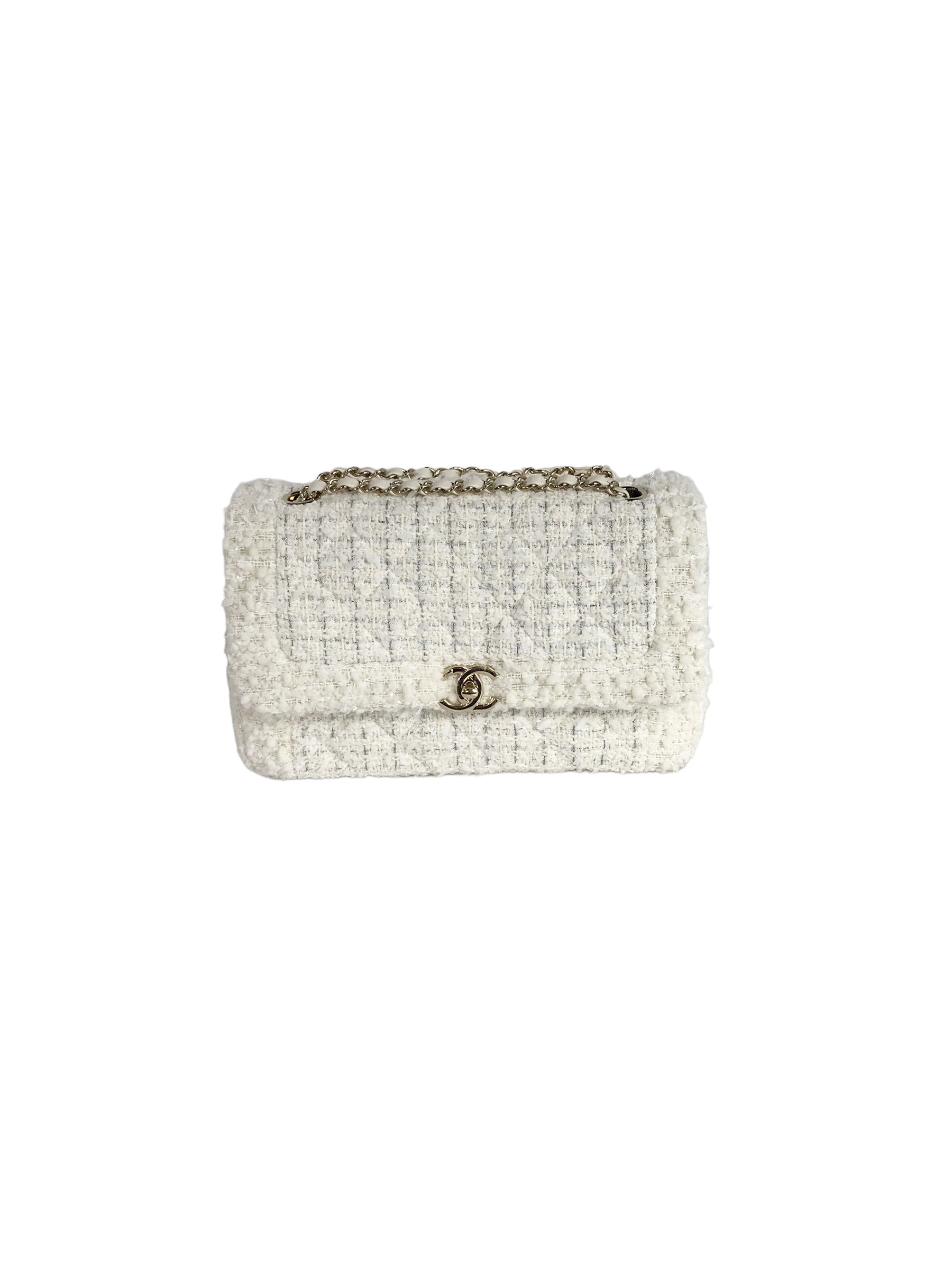 White/ Silver Tweed Flap Medium Classic Bag w/LGHW