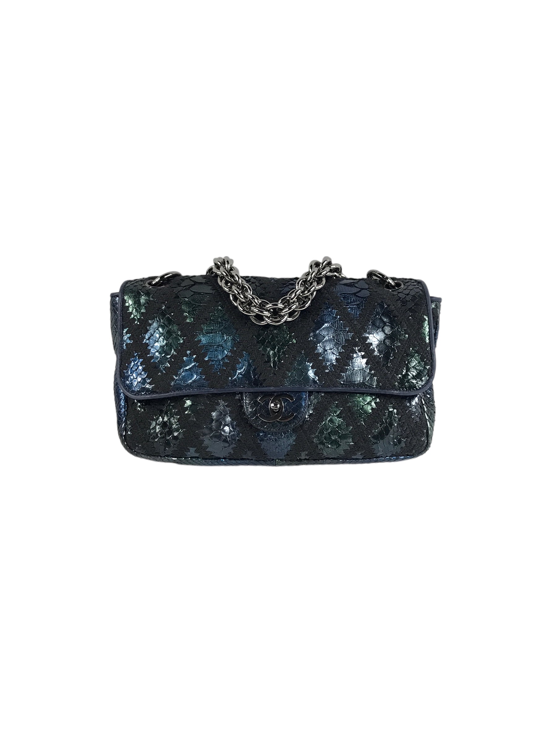 Blue Iridescent Python Quilted Maxi Flap Bag w/SHW Thick Chain Links