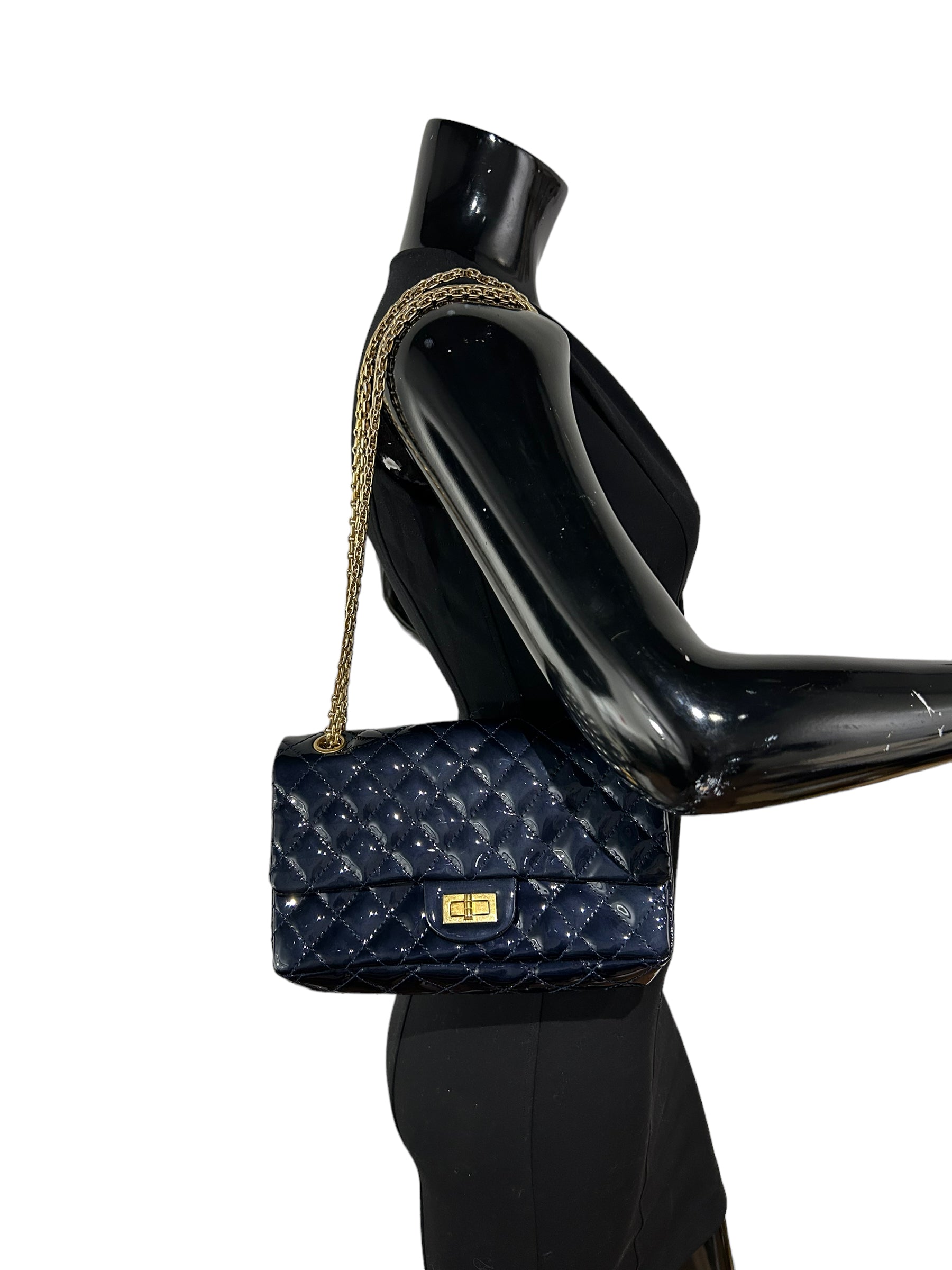 Chanel Dark Navy Blue Patent Quilted Reissue Flap W/AGHW