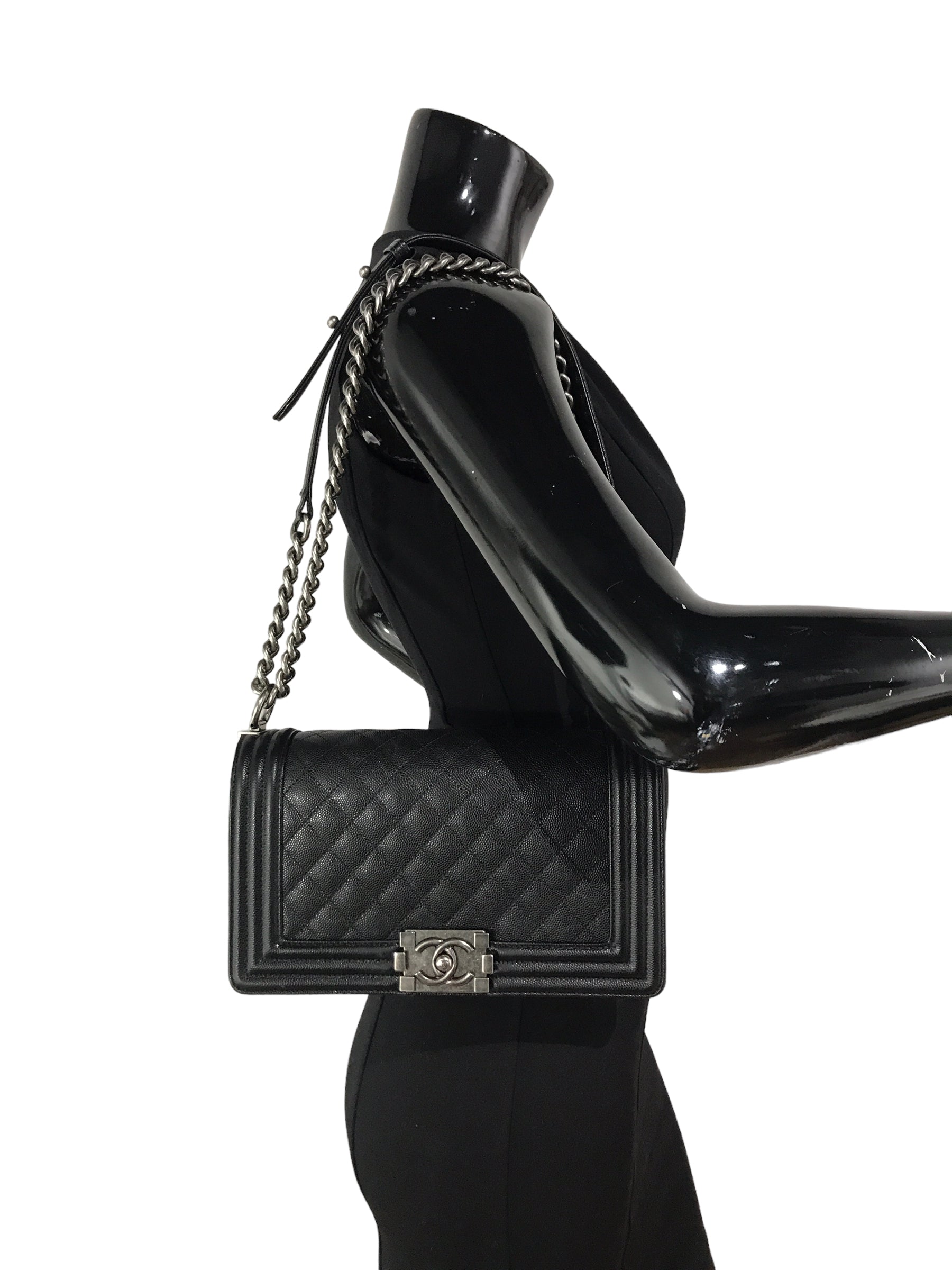 Black Caviar Quilted Old Medium Boy Bag W/RHW