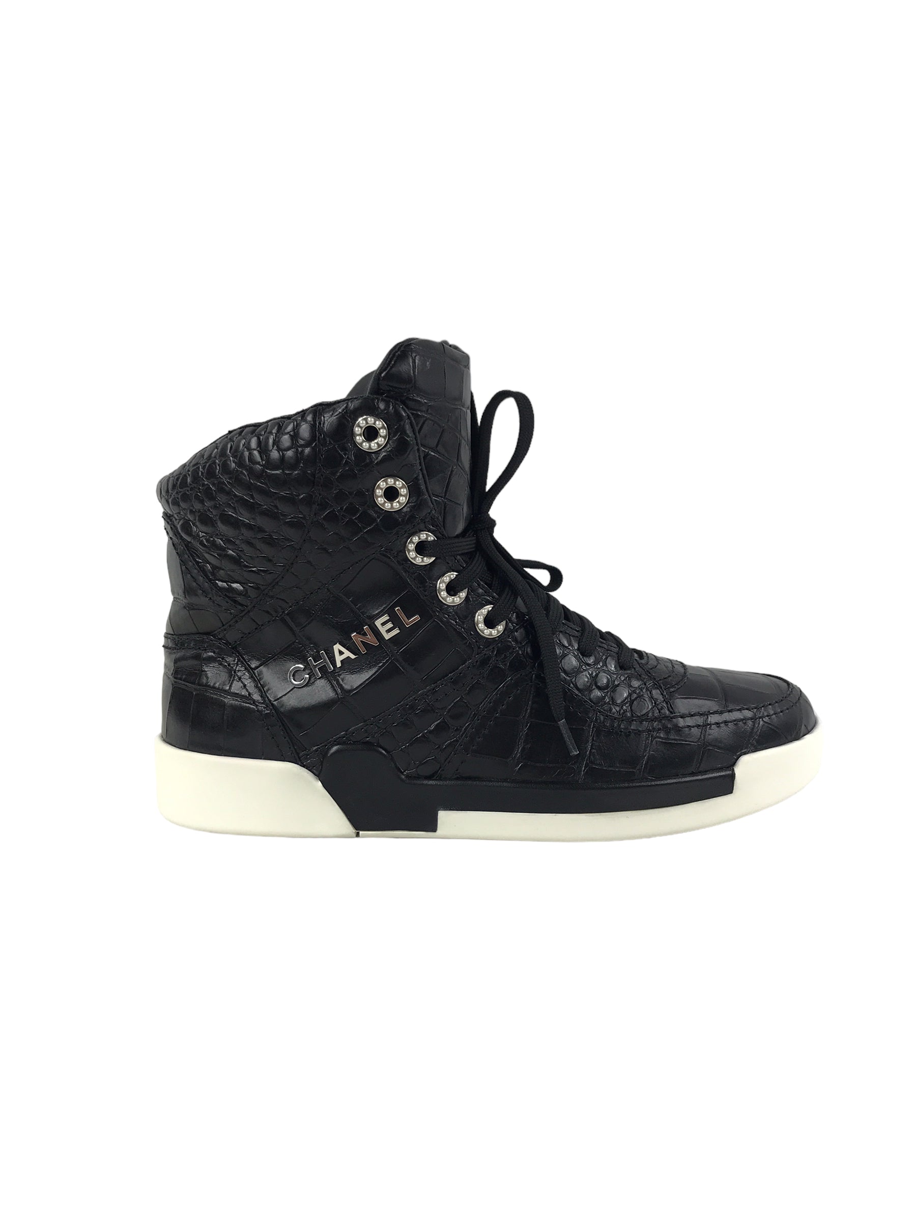 Black 19A Croc Embossed Calfskin Leather W/ accent pearls High Top Sneakers