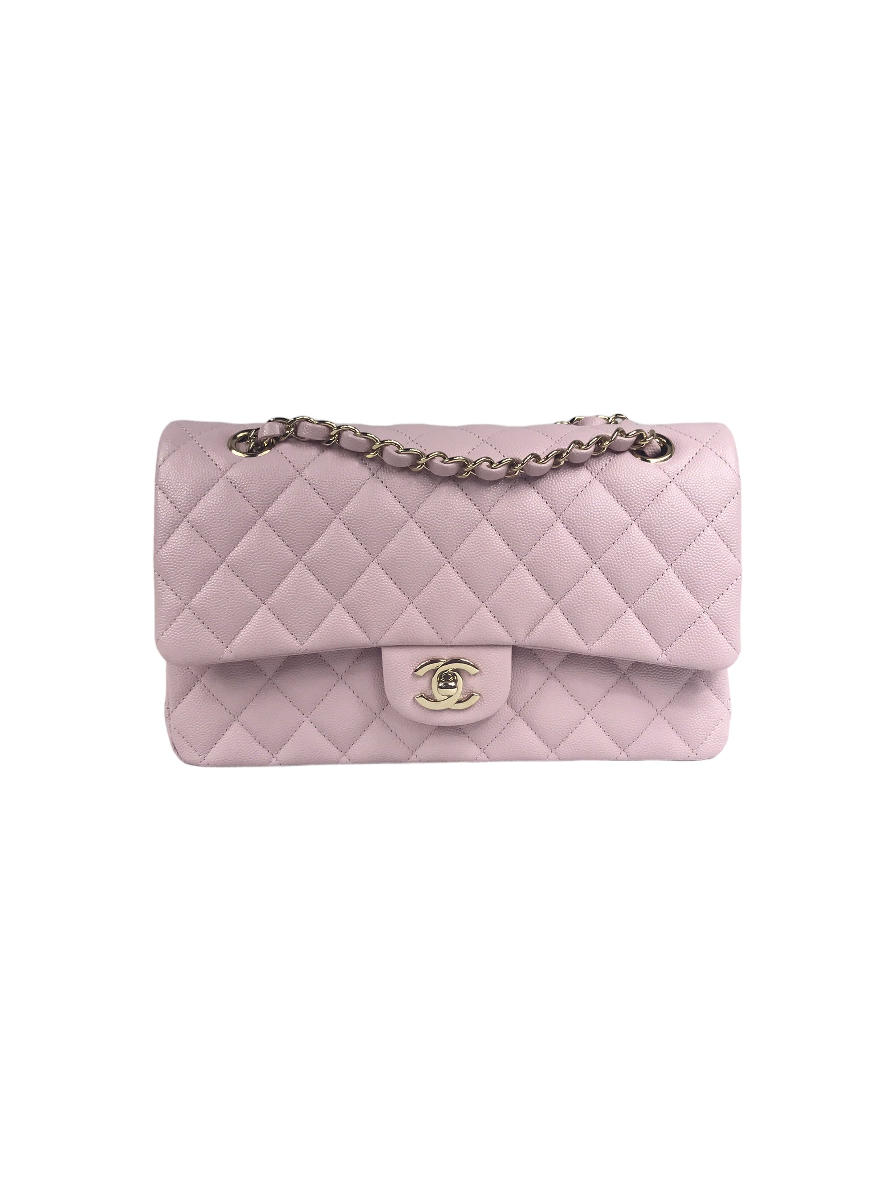 21S Rose Clair Lilac Pink Caviar Quilted Medium Double Flap w/GHW