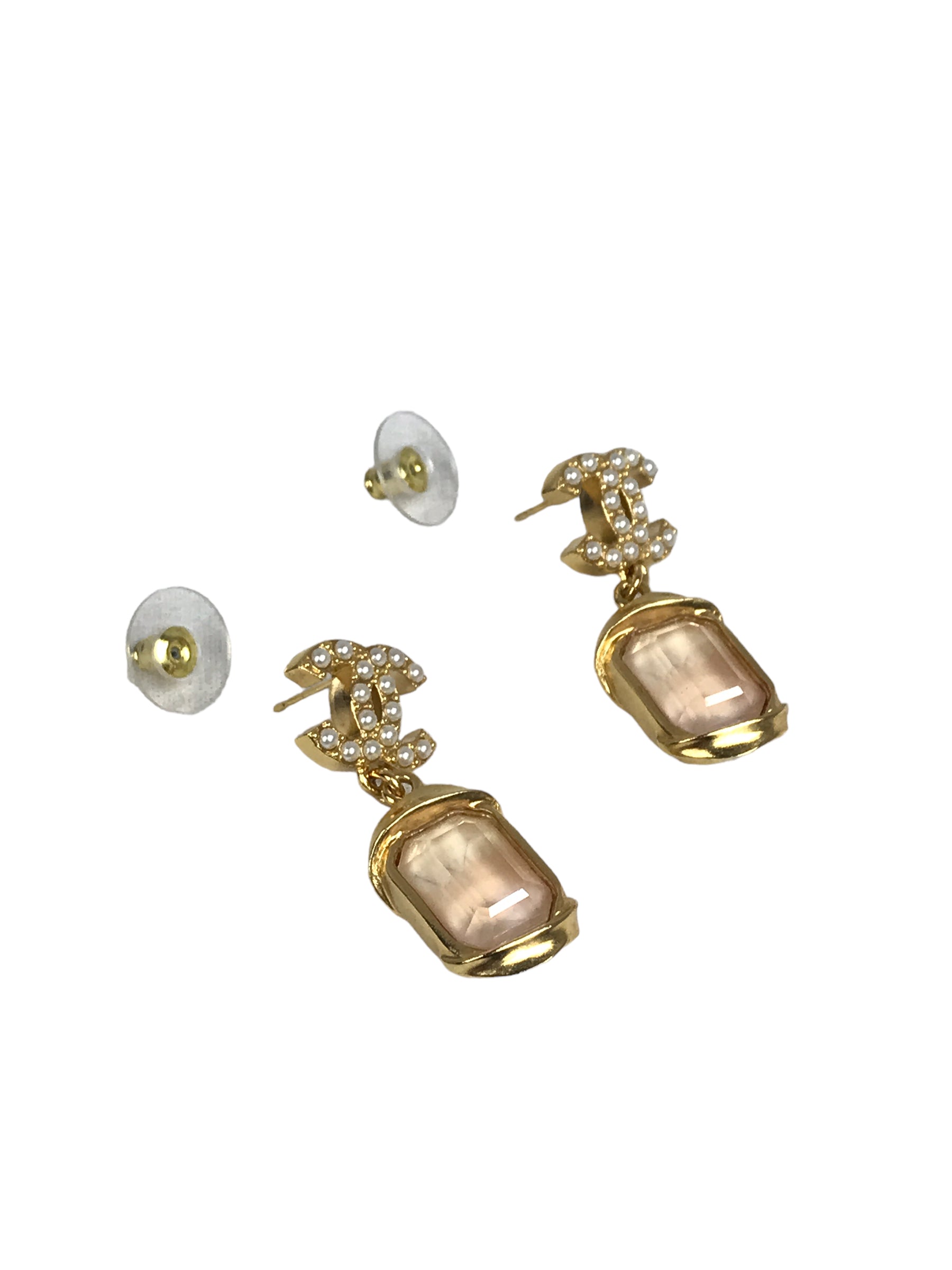 CC Seed Pearl Pink Crystal Emerald Cut Drop Earrings W/GHW