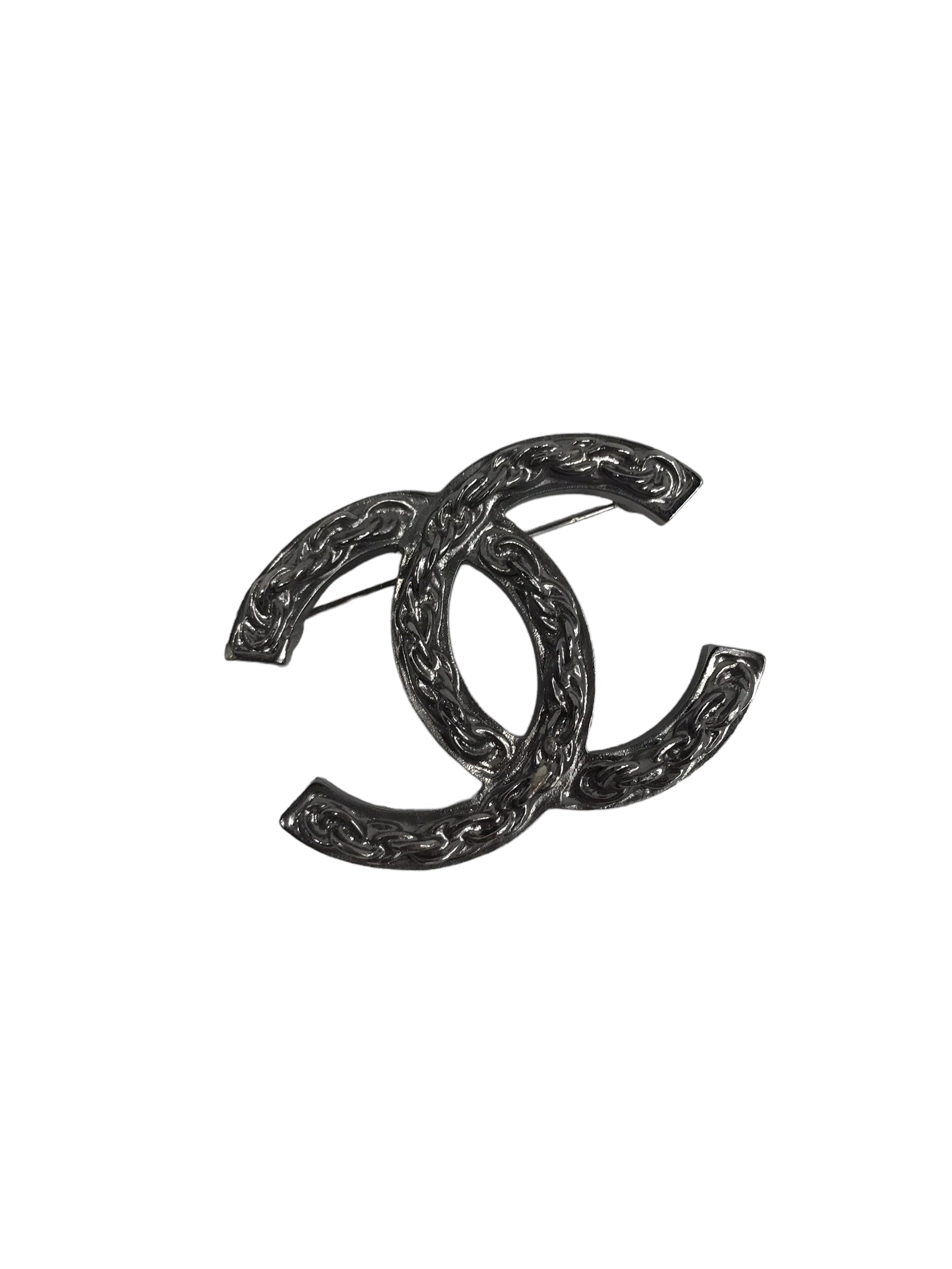 CC Rhodium Brooch with Chain Detail