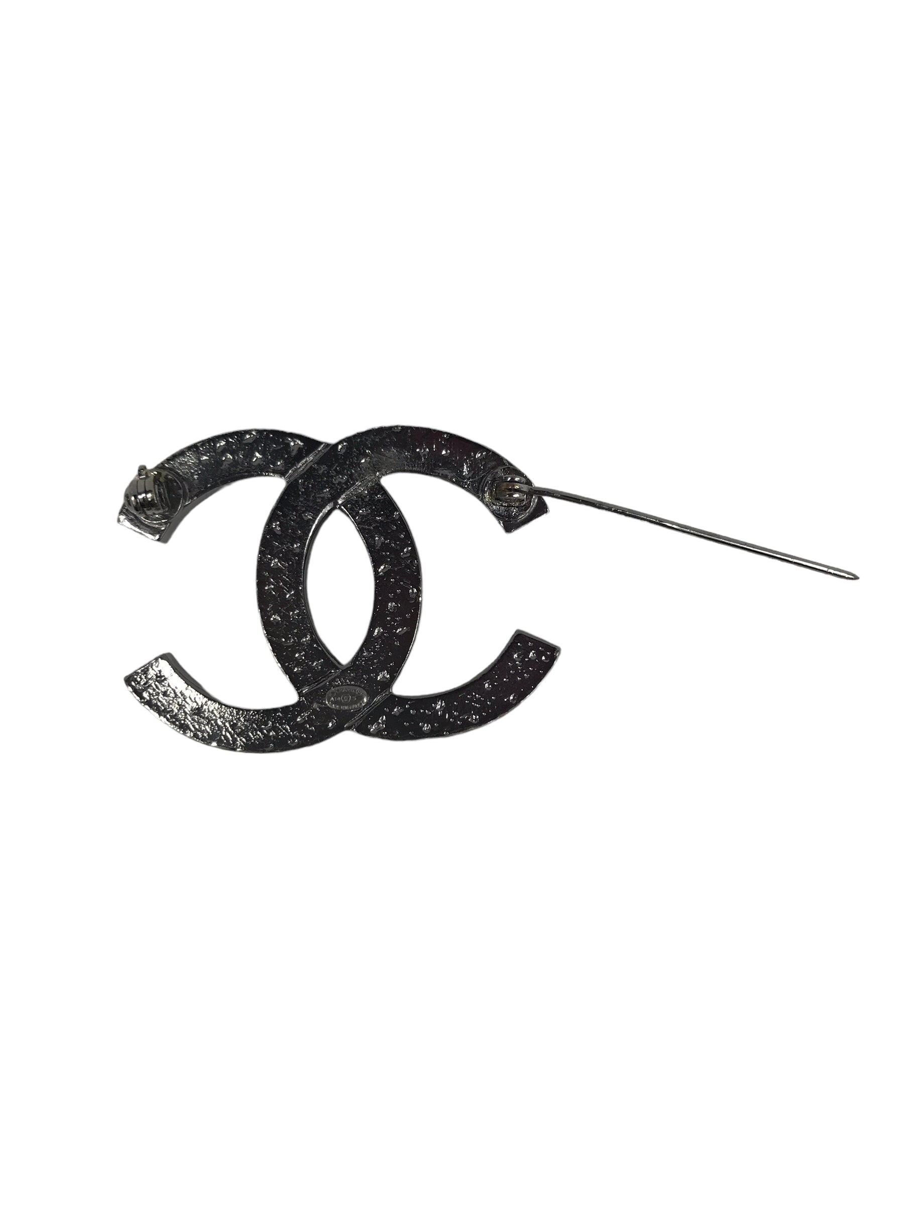 CC Rhodium Brooch with Chain Detail