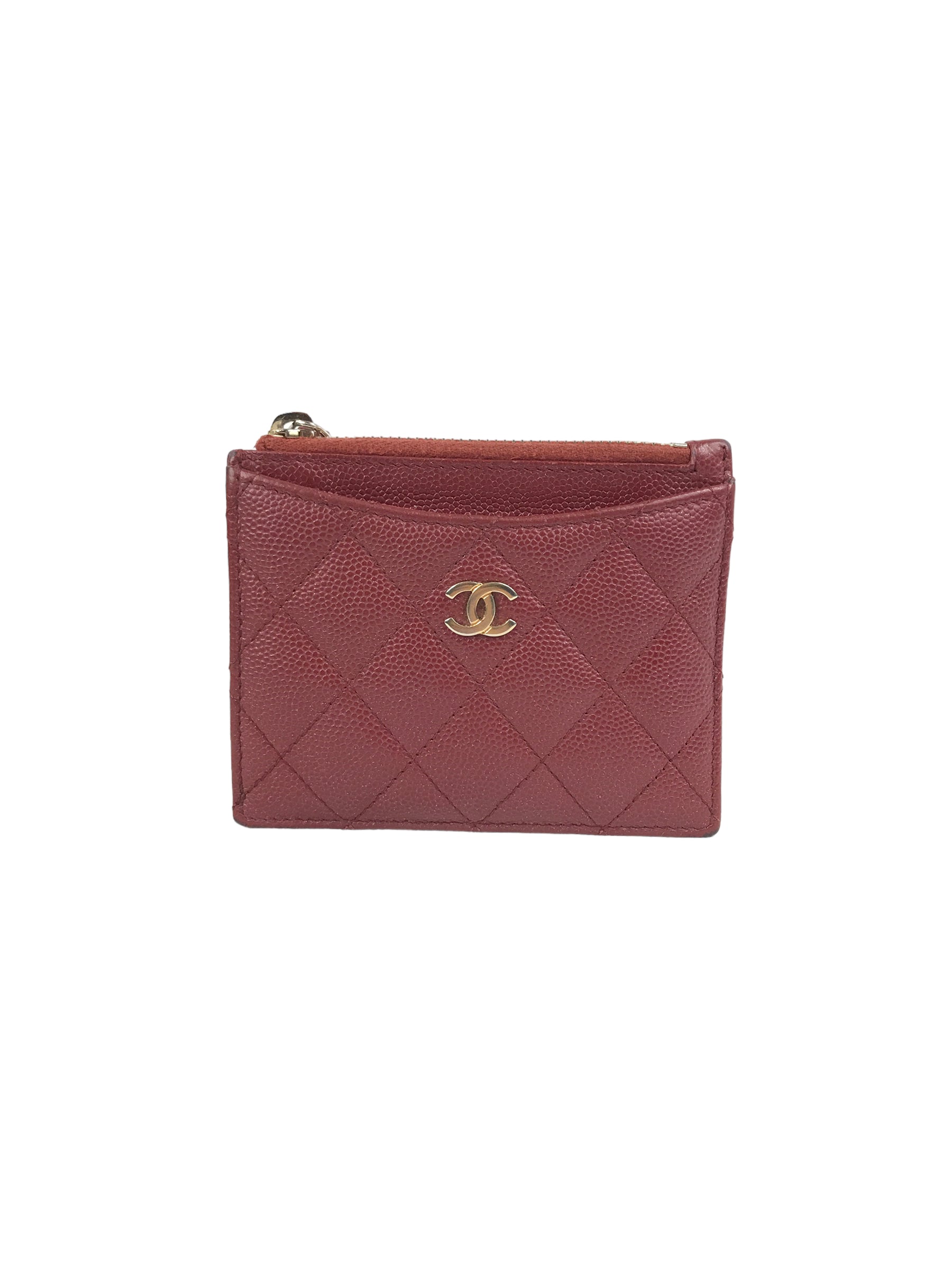 Brick Quilted Caviar CC Zip Card Holder Case w/ GHW