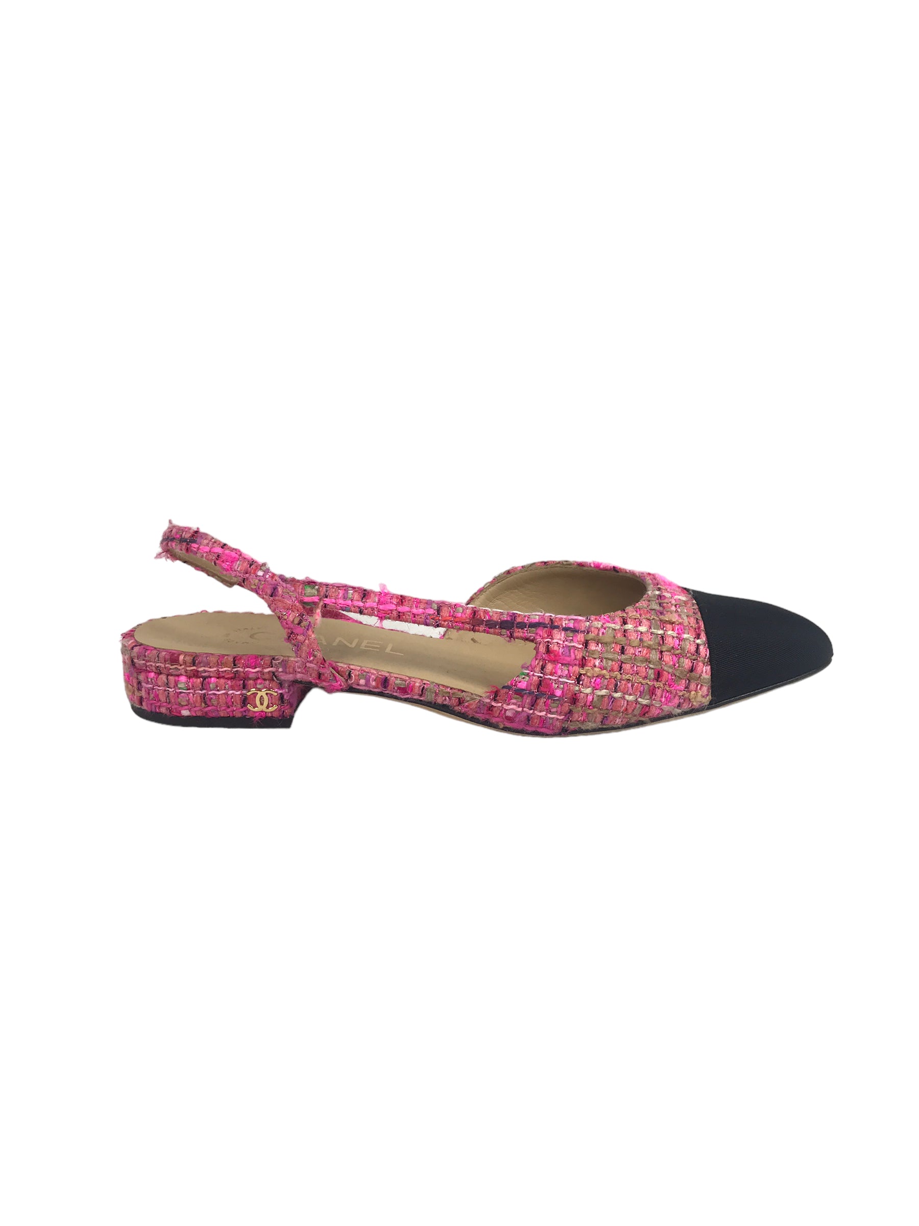 Chanel Pink Tweed & Black Kitten Heel Slingbacks