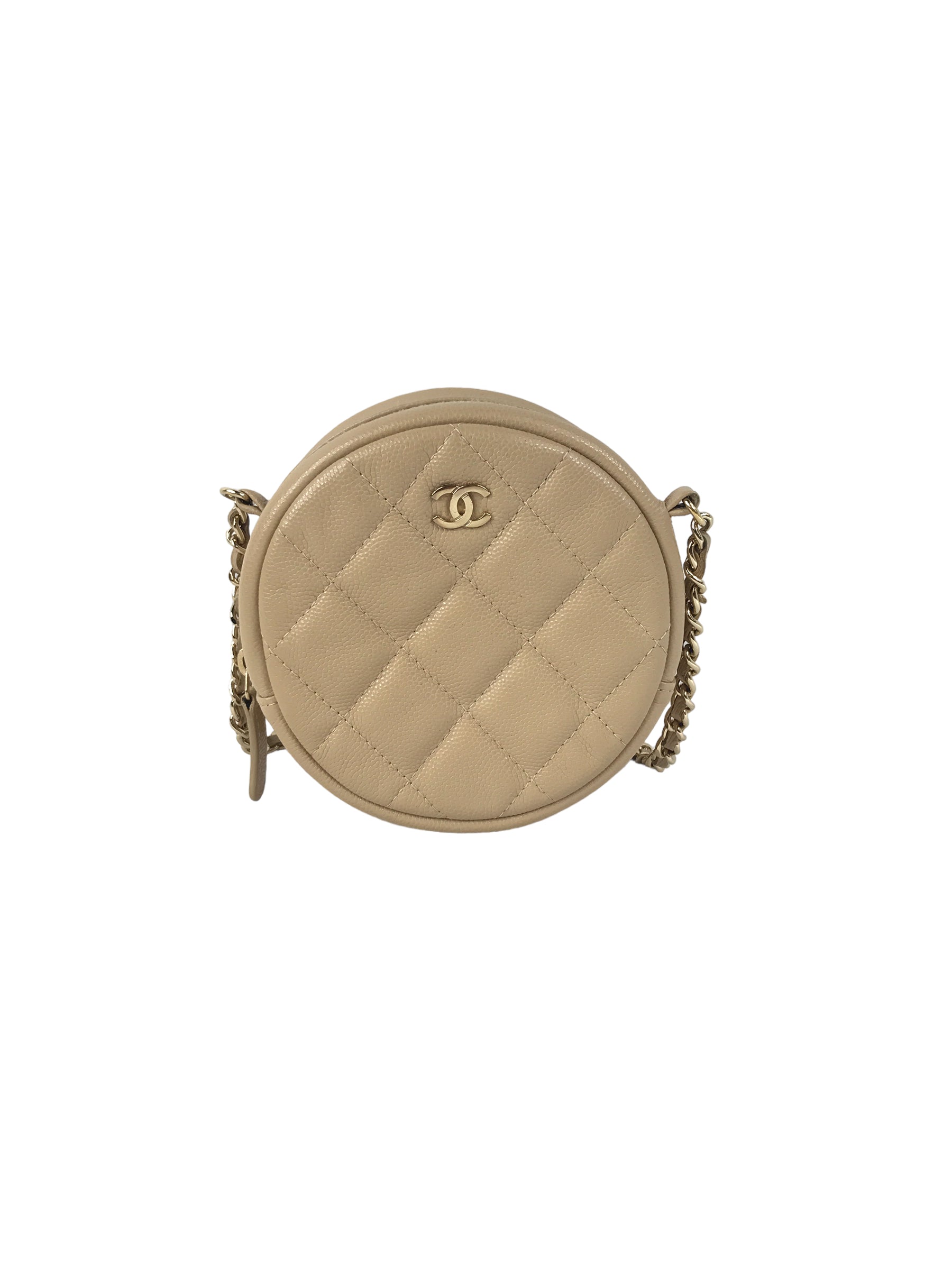 Beige Quilted Caviar Round Crossbody w/GHW