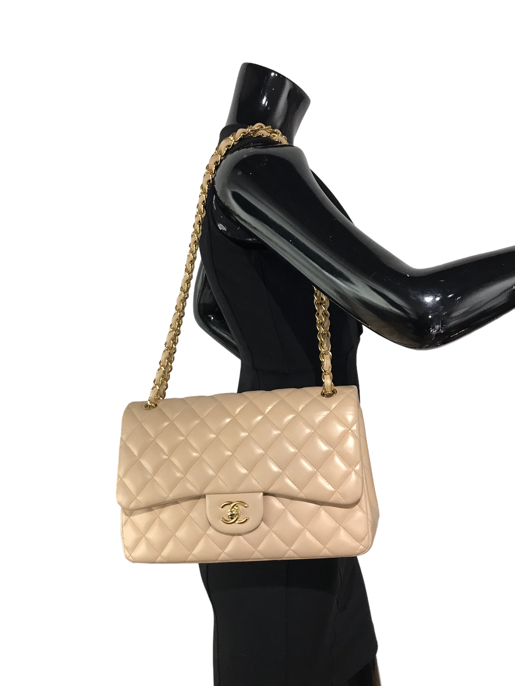 Beige Clair Quilted Lambskin Jumbo w/GHW