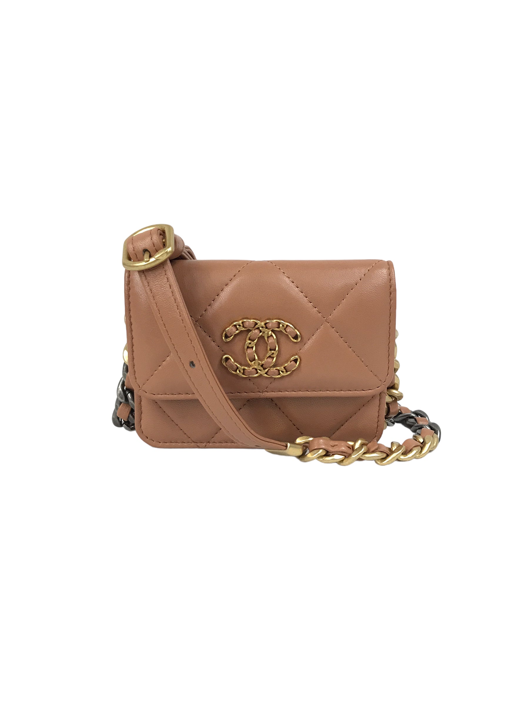 Camel Quilted Mini Lambskin 19 Waist Belt Bag w/GHW/SHW/AGW/RHW