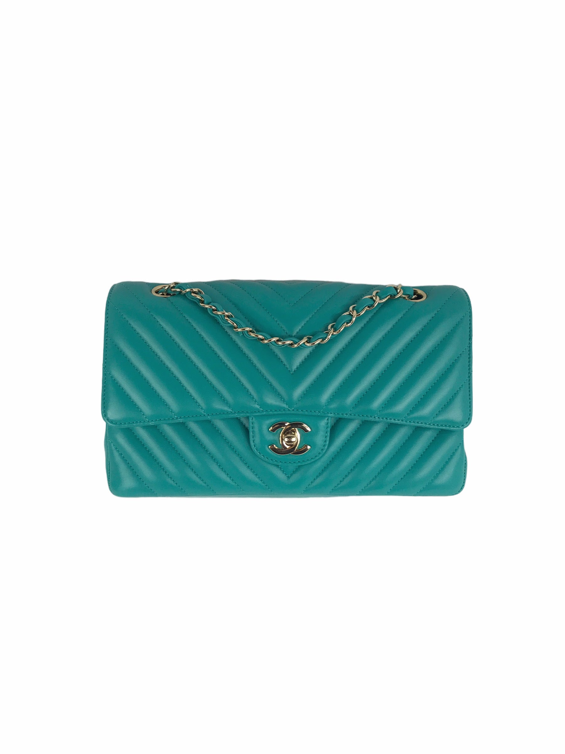 Turquoise Cheveron Lambskin Medium Double Flap W/GHW