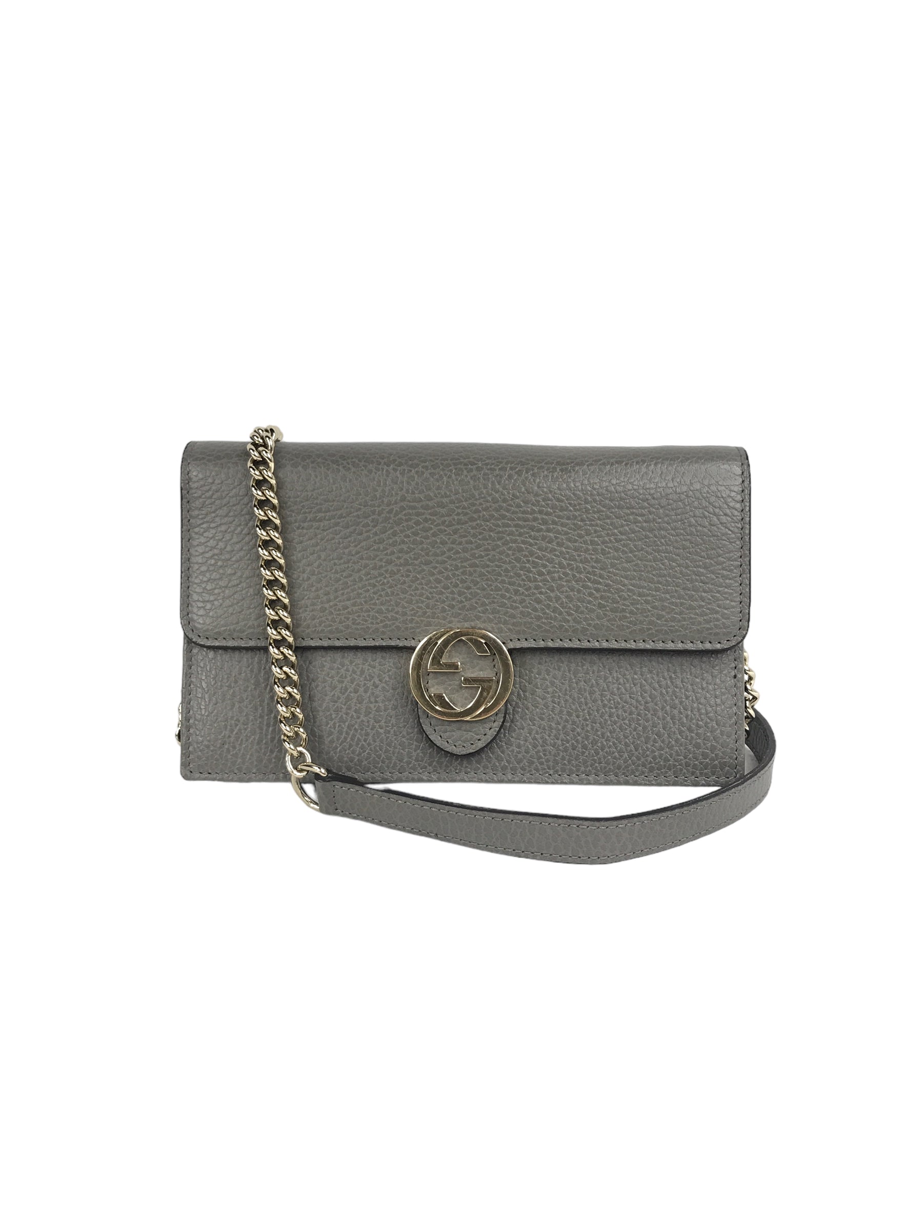 Dove Grey Grained Calfskin Leather Dollar Interlocking GG Wallet On Chain w/GHW