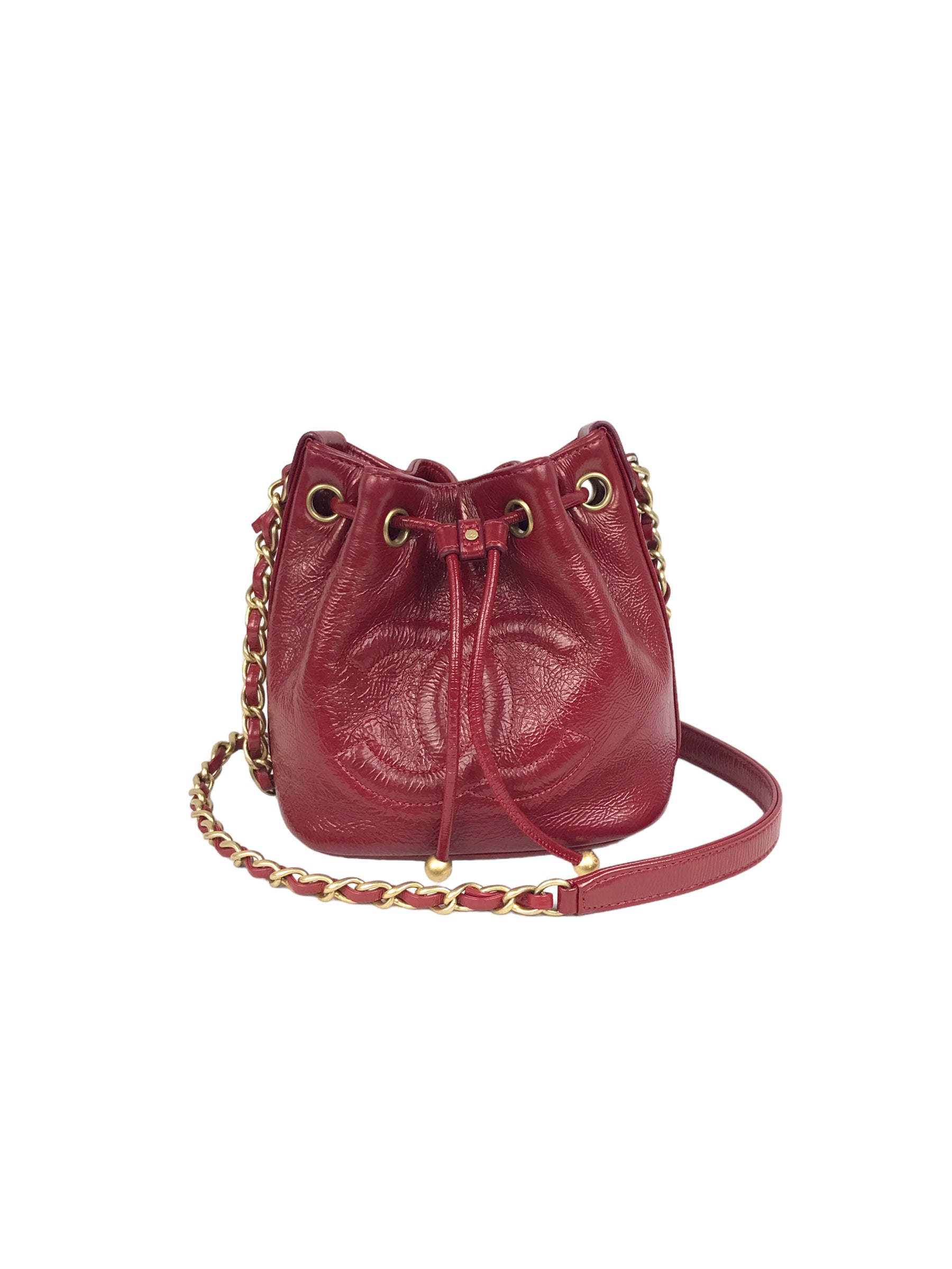 Red Shiny Aged Calfskin Leather Mini Bucket Bag w/AGHW Chain