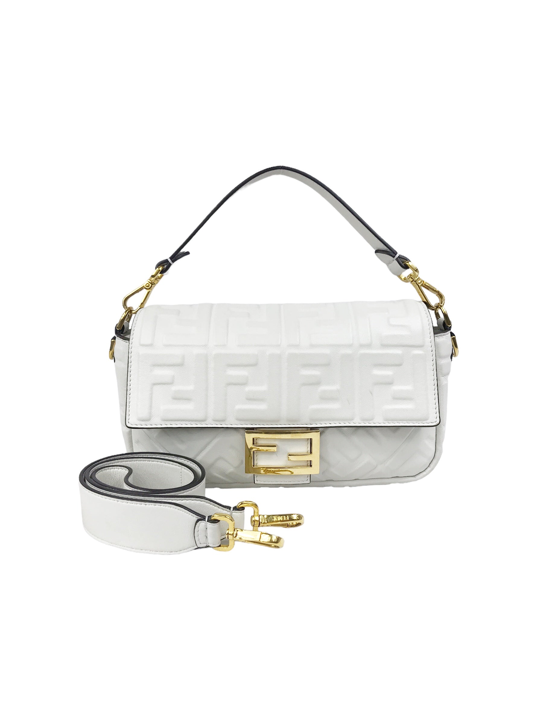 White Leather Medium Baguette Flap Bag W/GHW