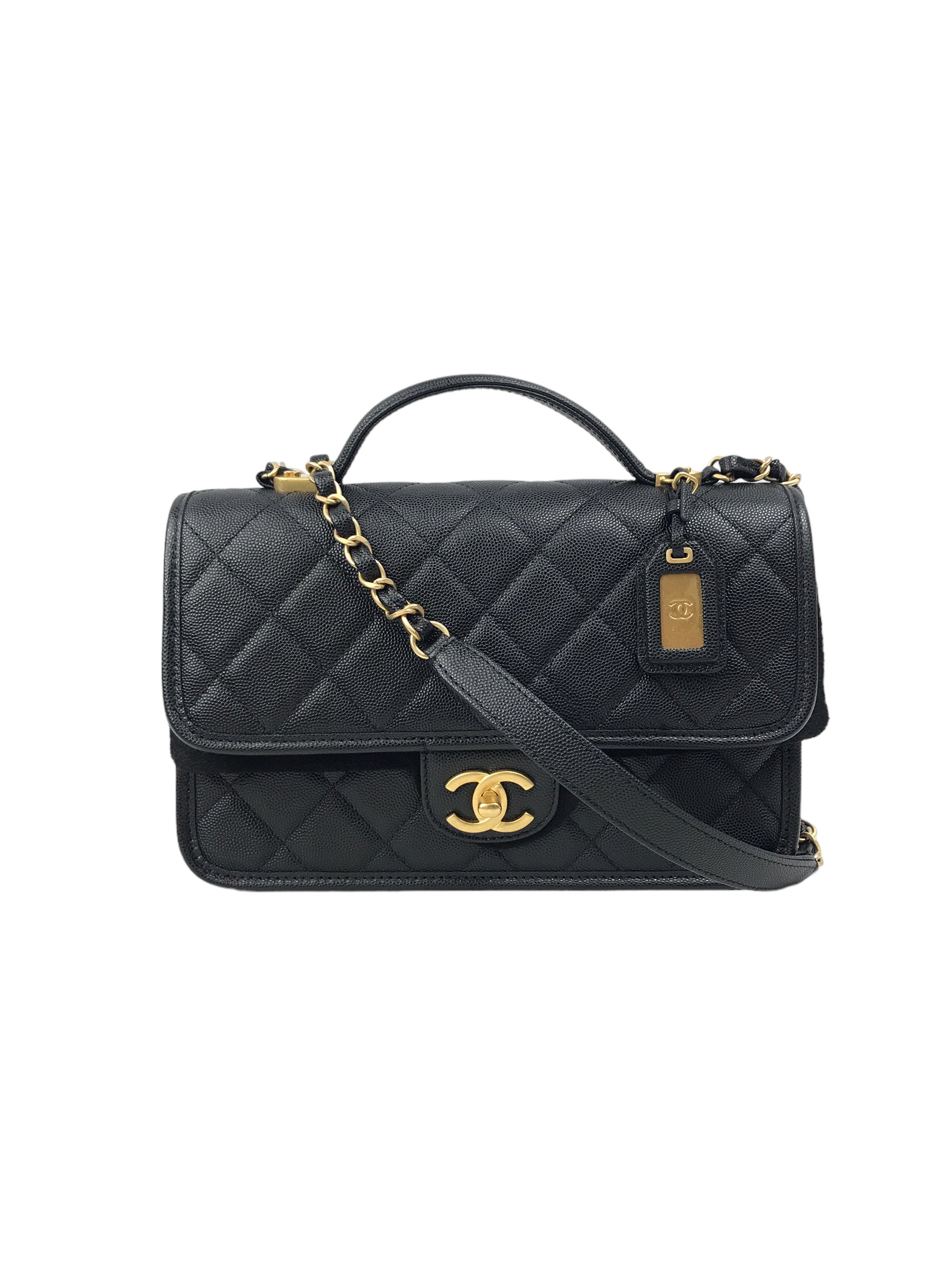 Black Quilted Caviar Top Handle Flap Bag w/AGHW