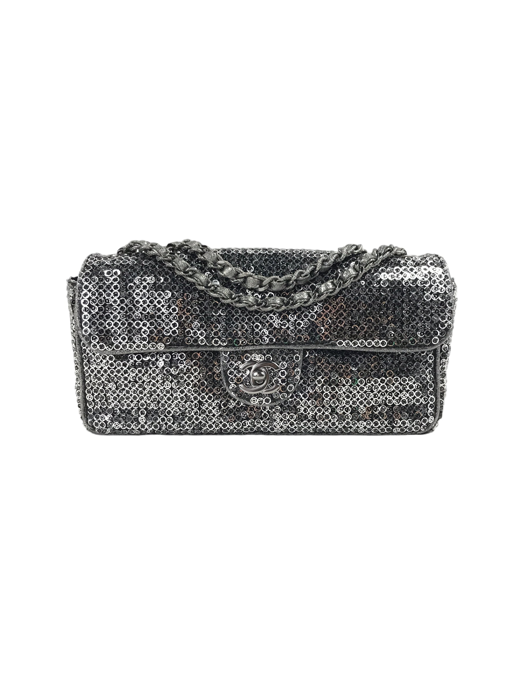 Chanel Vintage Silver/Grey Medium Sequins Flap Bag w/SHW