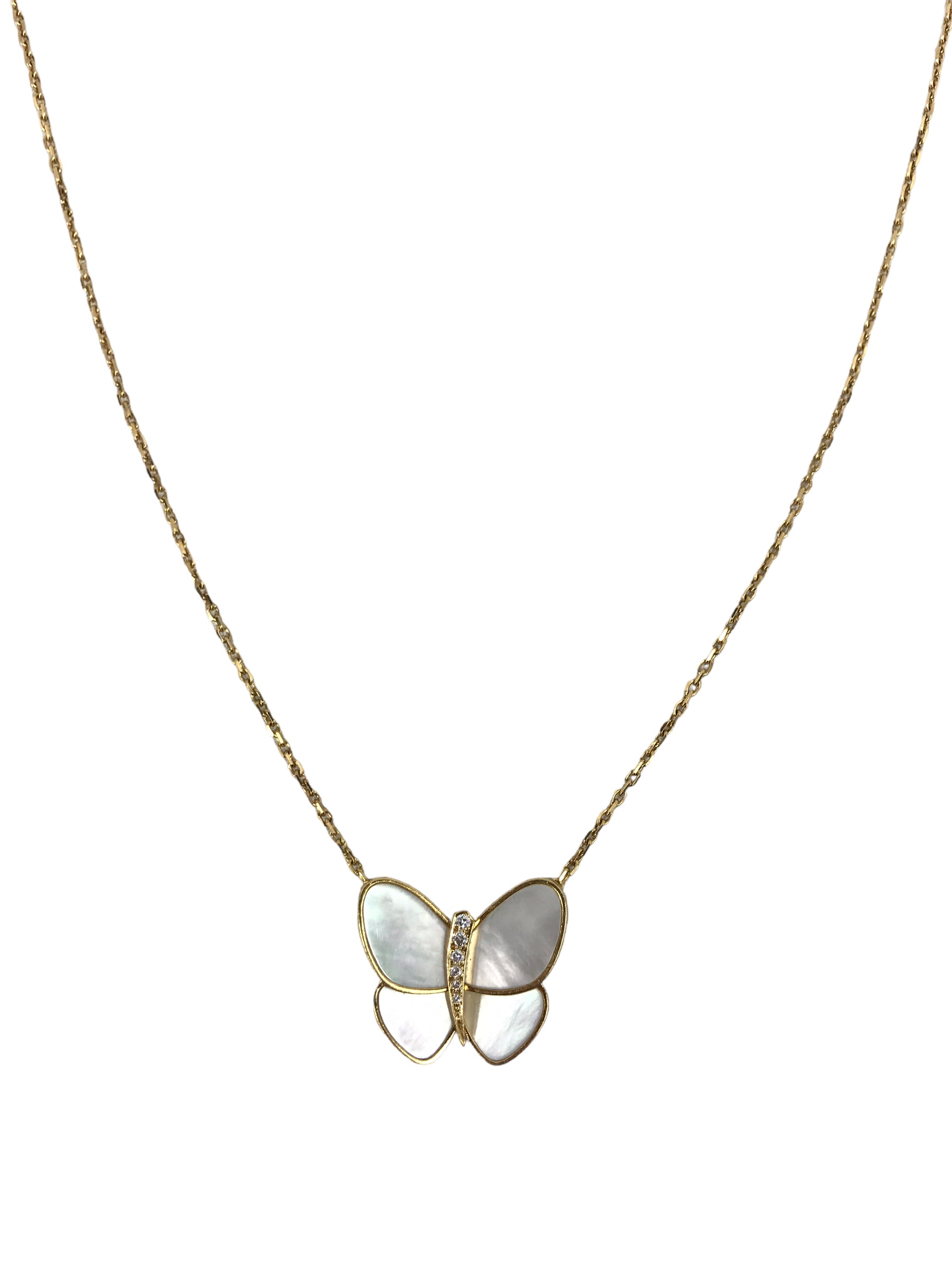 Mother of Pearl & Diamond 18K Gold Fly & Flutter Butterfly Pendant Necklace