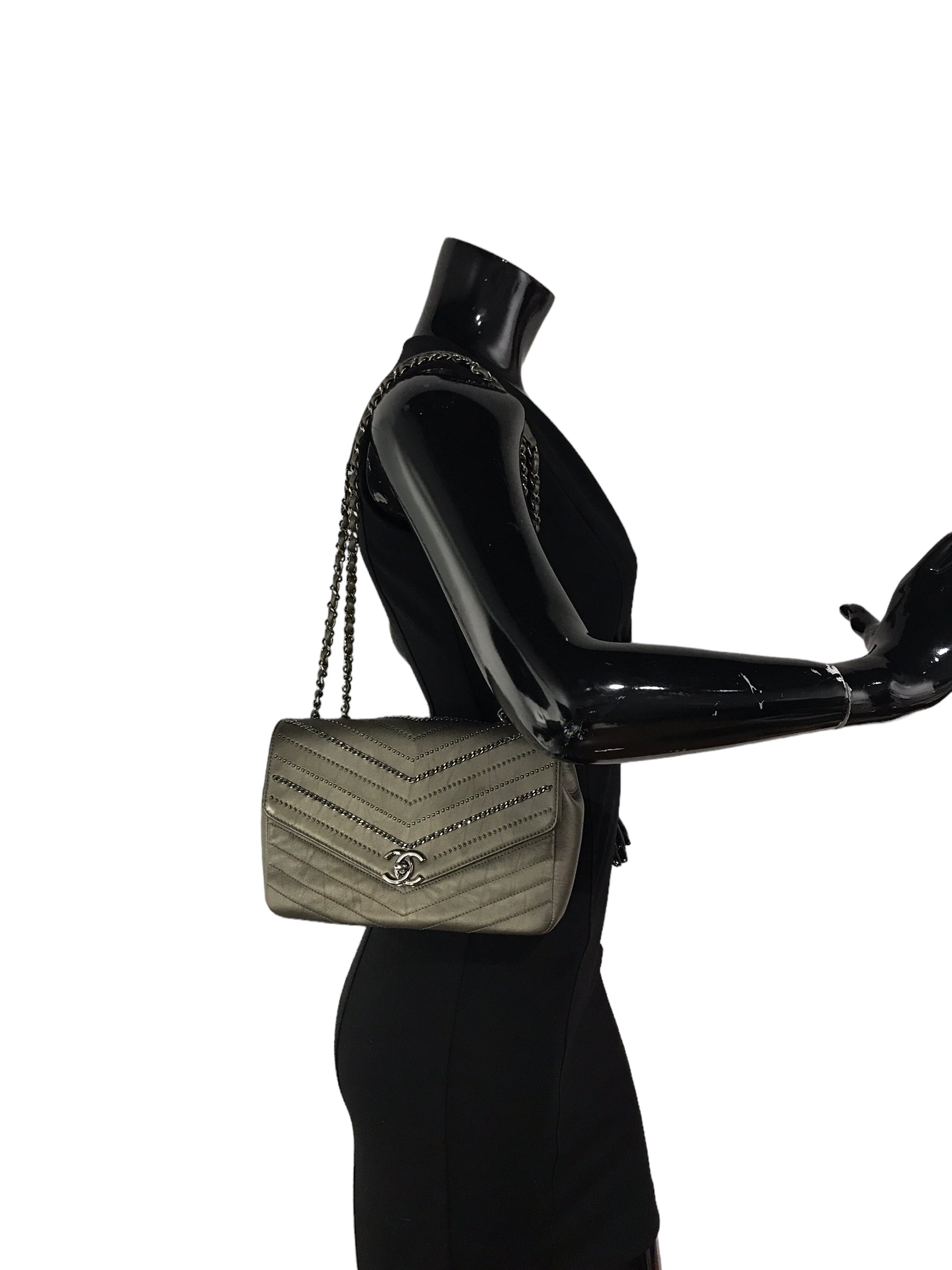 Metallic Grey Calfskin Leather Embellished Chain/Studded Chevron Flap Bag w/SHW