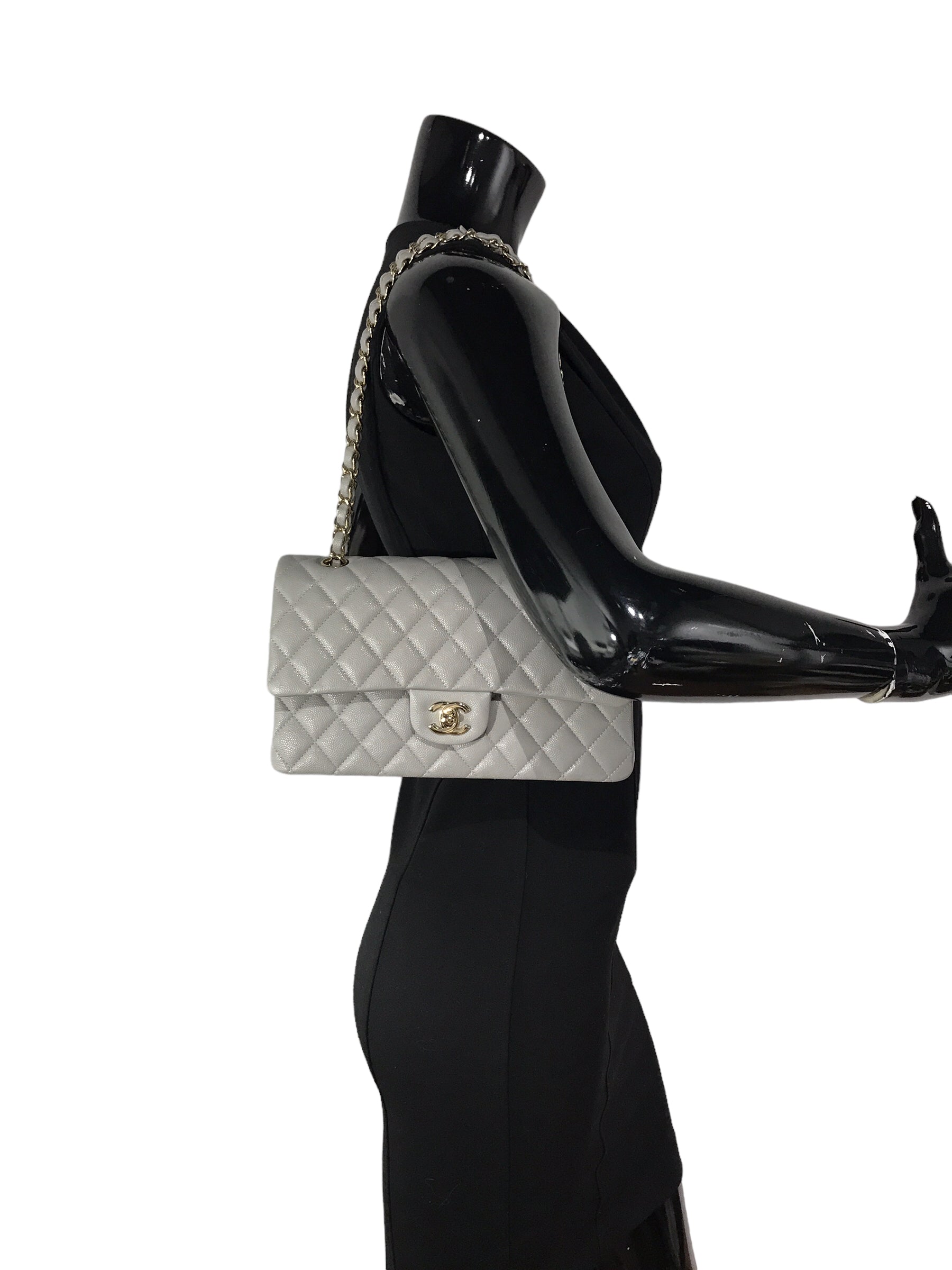 Dove Grey Quilted Caviar Leather Double Flap Medium w/GHW